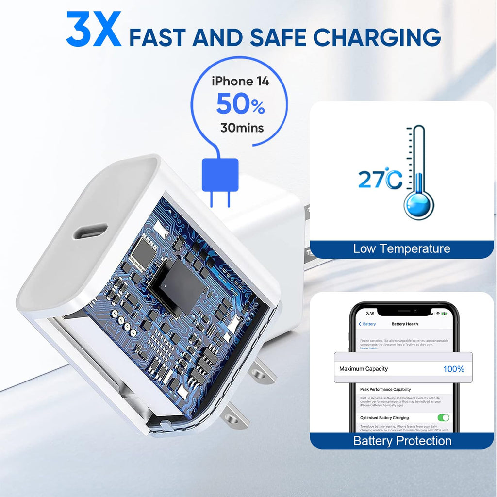 3 Pack Fast Charger iPhone,【Apple MFi Certified】6FT iPhone Charger Fast Charging USB C Block Wall Adapter 6 Foot Type C to Lightning Cable for iPhone 14 Pro Max/14 Plus/13 Pro/12/12Pro/11/XS/X,AirPods