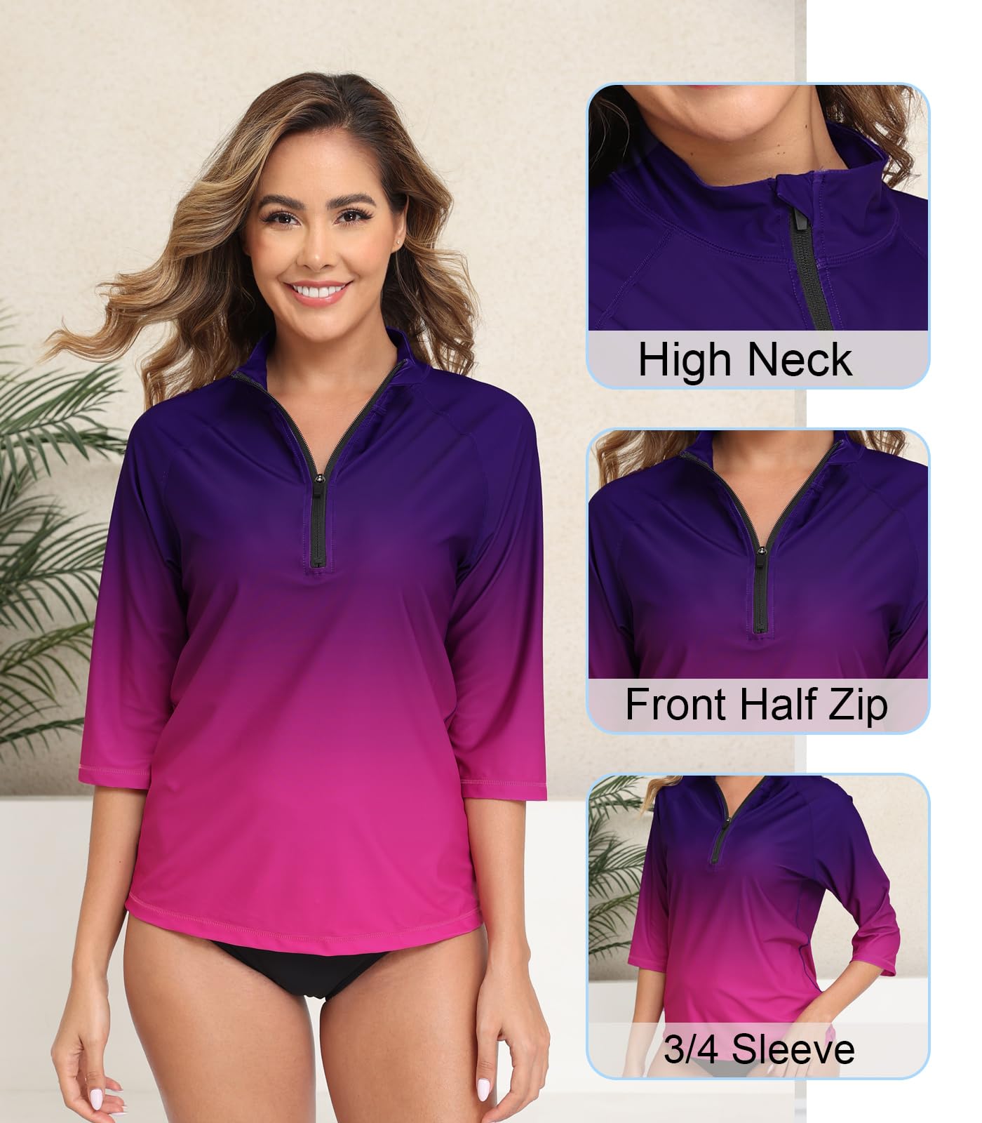 Halcurt Women's 3/4 Sleeve Rash Guard Swimsuit Top High Neck Half Zip Swim Shirt Only UPF50+ Quick Dry Bathing Suit Purple M