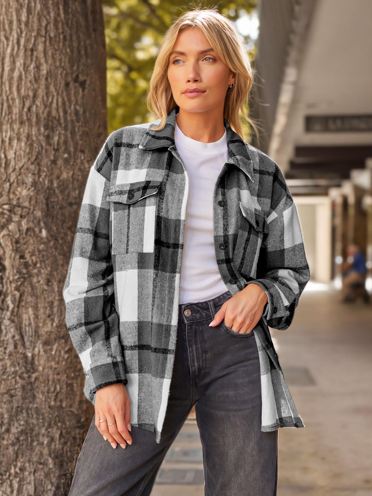 AUTOMET Shackets for Women Plaid Flannel Shirts Grey