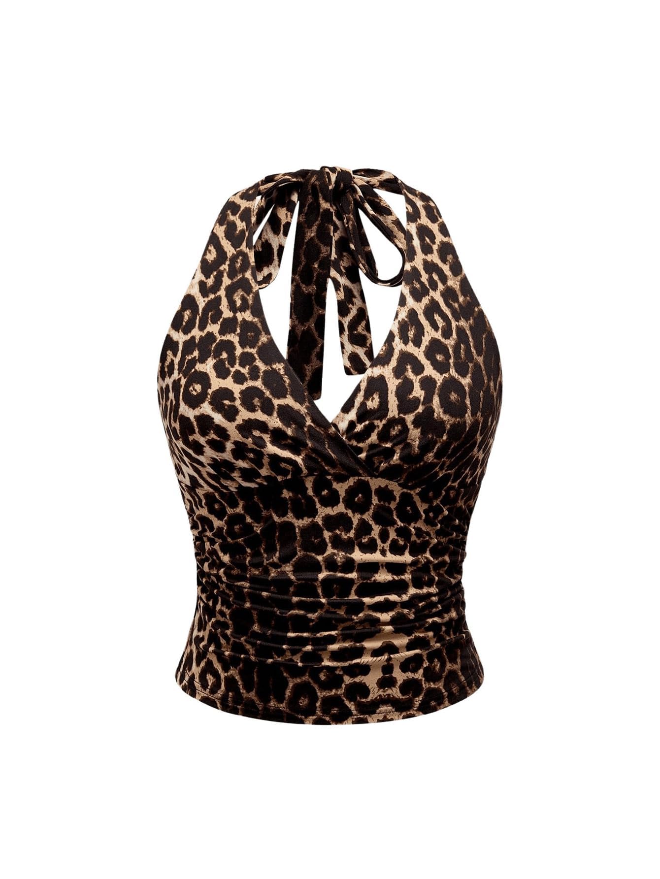 WDIRARA Women's Leopard Print Ruched Halter Crop Tops V Neck Tie Back Sleeveless Slim Fit Cami Tops Multicolor Leopard Large