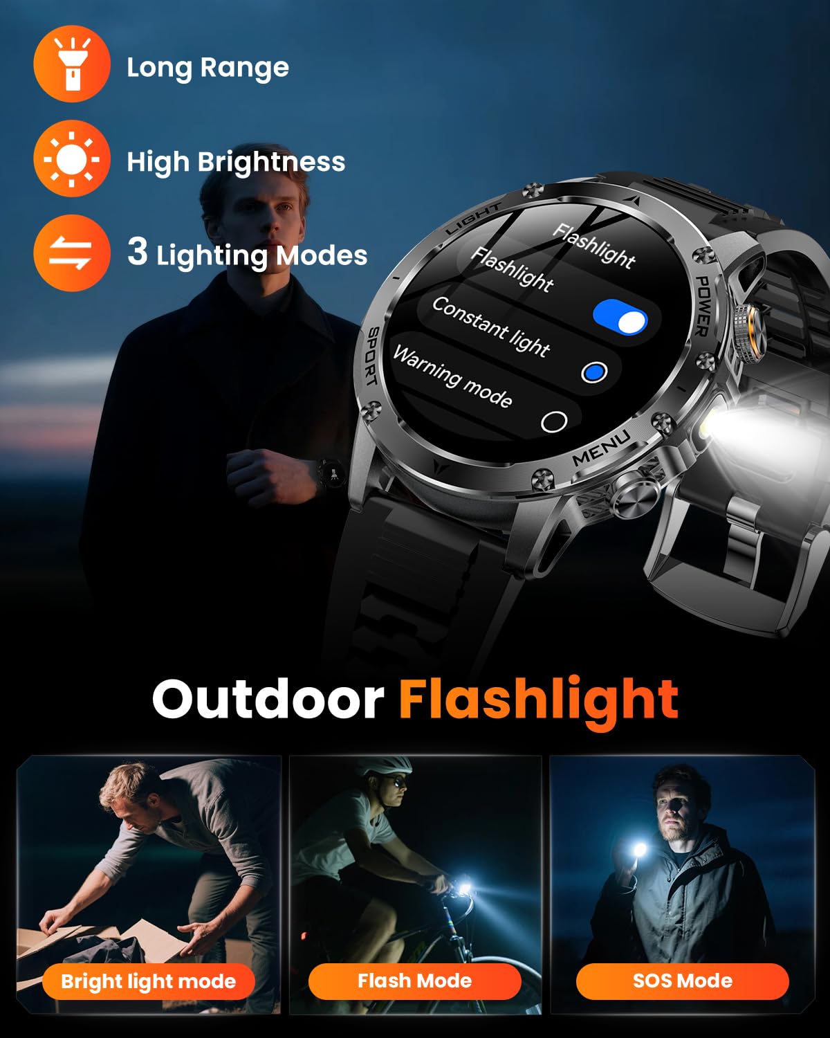 Military Smart Watches for Men, Smart Watch with 1000 mAh Battery/Answer/Dial Calls/Fitness Tracker/Flashlight/Heart Rate/Sleep Monitor/100+ Sports Mode, 1.7″ Waterproof Smartwatch for Android/iPhone