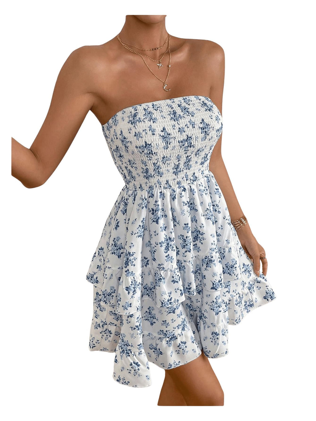 WDIRARA Women's Floral Print Ruffle Hem Tiered Layer Backless Shirred Tube A Line Dress Blue and White M
