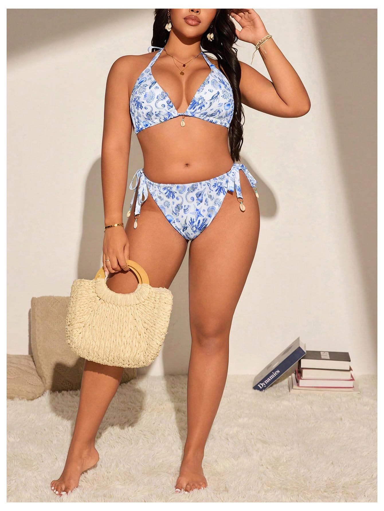 WDIRARA Women's Plus Size 2 Piece Swimsuit Starfish Print Halter String Bikini Set Tie Side Bathing Suits Blue and White XX-Large Plus