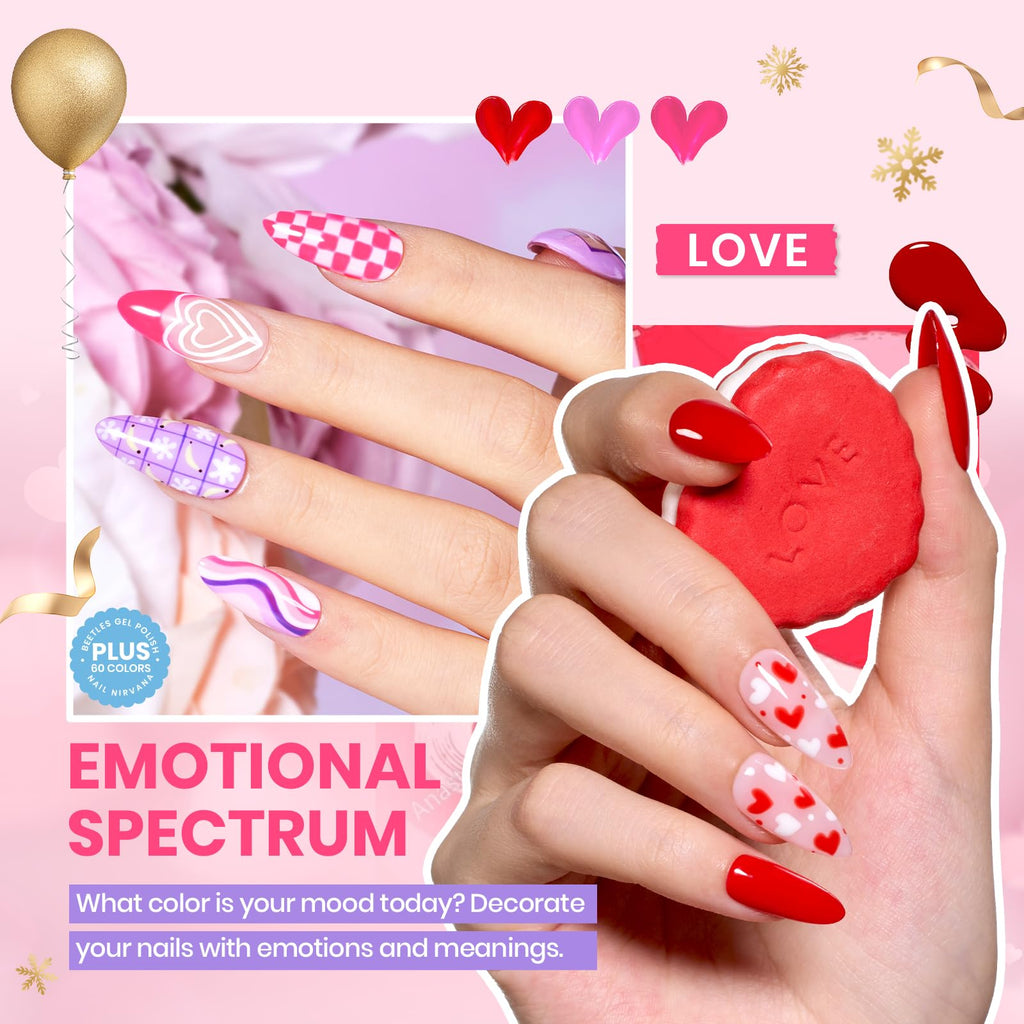 Beetles Gel Nail Polish Set - Emotional Spectrum 69PCS 60 Colors Gel Polish Kit Base Coat Glossy & Matte Top Coat UV Led Soak off Collection Brown Red Black Nude White Valentines Gifts for Women