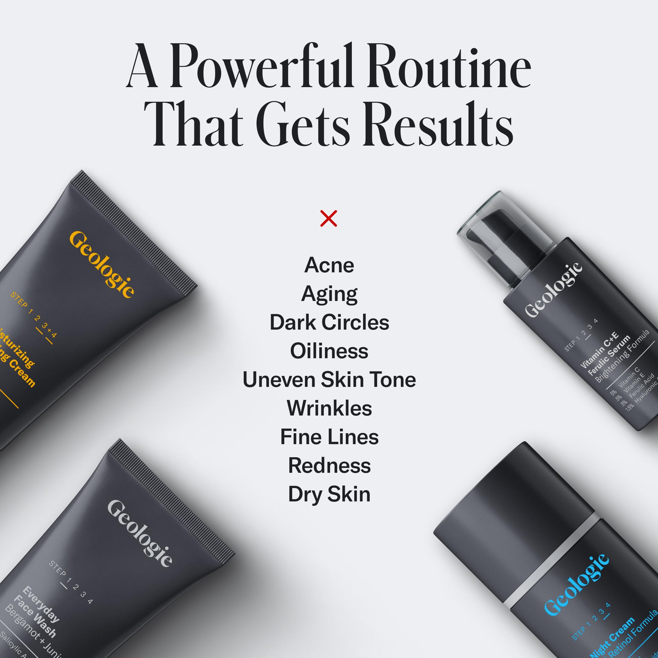 Geologie Skincare Gift Set | 5-Piece Kit Includes 2 Face Washes, SPF15 Moisturizer, Retinol Cream & Vitamin C Serum | Daily Routine for Clear, Healthy Skin for Men and Women | Lasts 3 Months