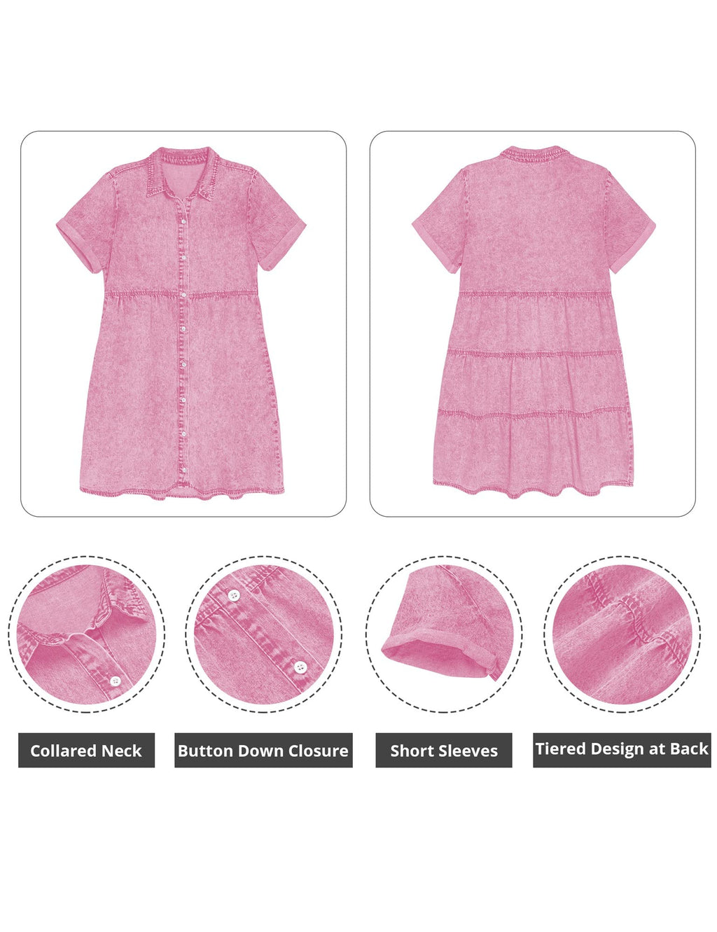 GRAPENT Women's Jean Dresses for Women Blue Jean Dresses for Women Casual Denim Dress for Summer Shirt Denim Dress for Beach Summer Dresses for Spring Fall Aurora Pink Large Size 12 Size 14
