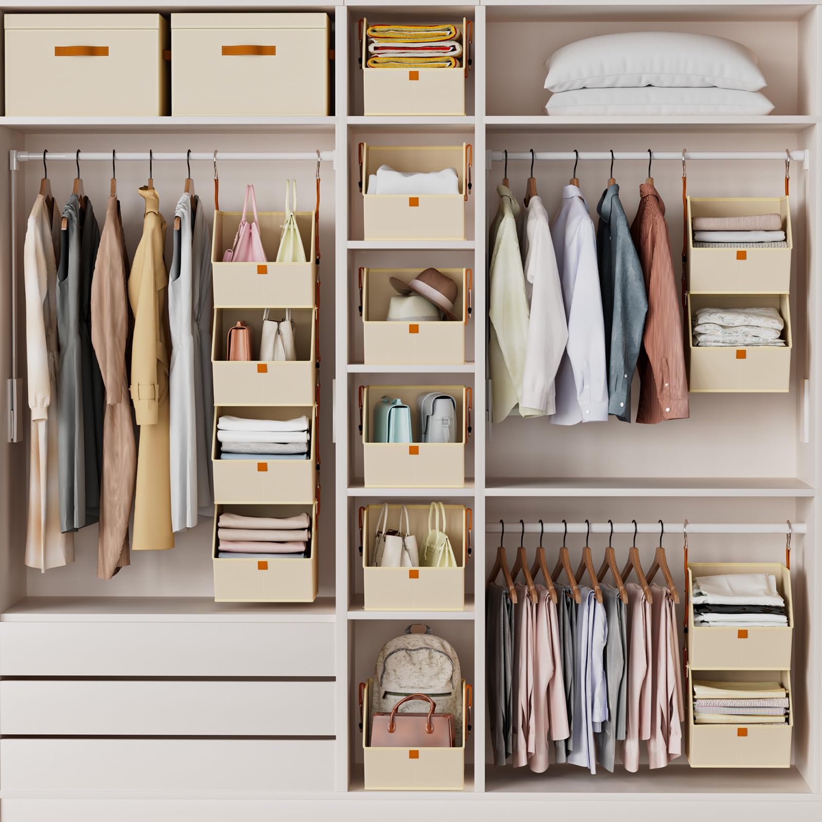 Homsorout Hanging Closet Organizer 4 Tier - Clothes Hanging Shelves, Space-Saving Closet System, Fabric Storage Bins Bedroom Organization, Collapsible Baskets for Home, Dorm, Rv, Beige