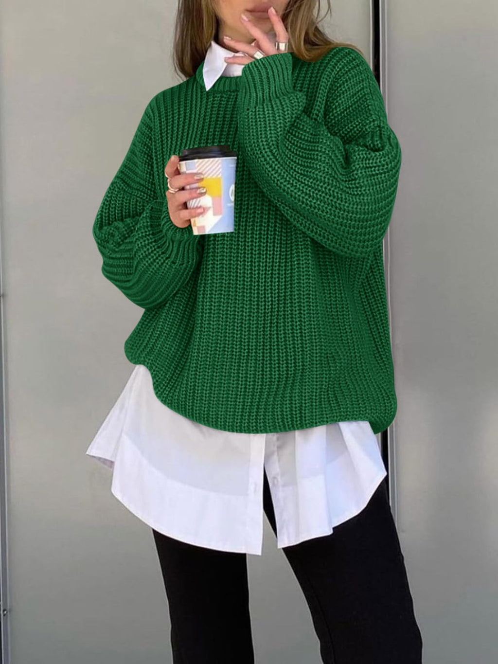 Saodimallsu Womens Oversized Sweater Long Sleeve Crewneck Ribbed Knit Pullover 2025 Fall Casual Chunky Trendy Sweaters Green
