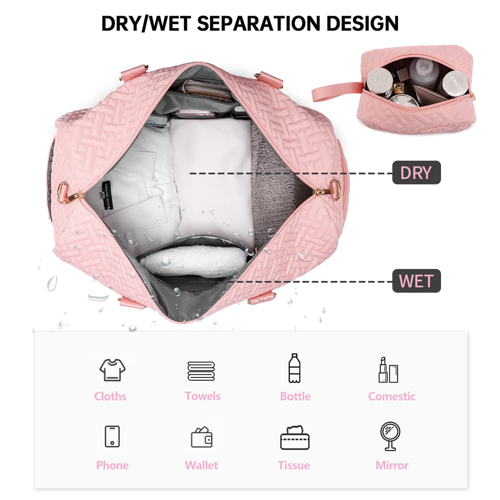 Duffle Bag for Travel, Weekender Bag with Shoe Compartment, Carry On Overnight Bag for Women with Toiletry Bag, 50L Gym Bag with Wet Pocket, Hospital Bags for Labor and Delivery Pink