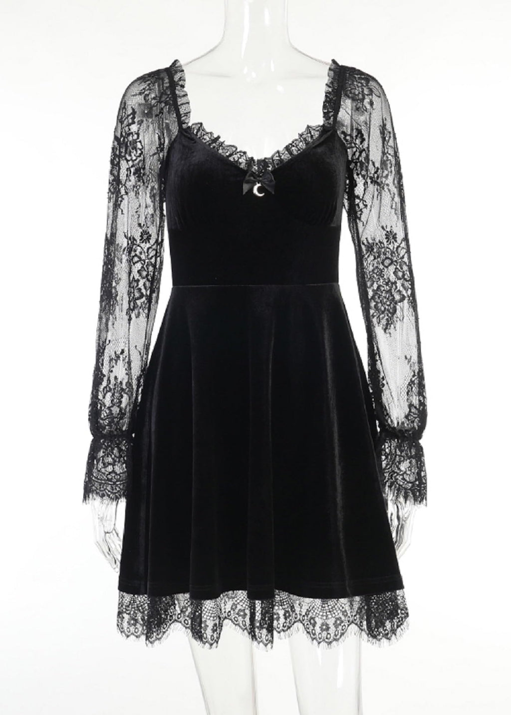 TSMNZMU Women Gothic Velvet Dress - Flared Lace Long Sleeve Midi Dresses - Lolita Fairy Grunge Harajuku Dress Alt Clothes