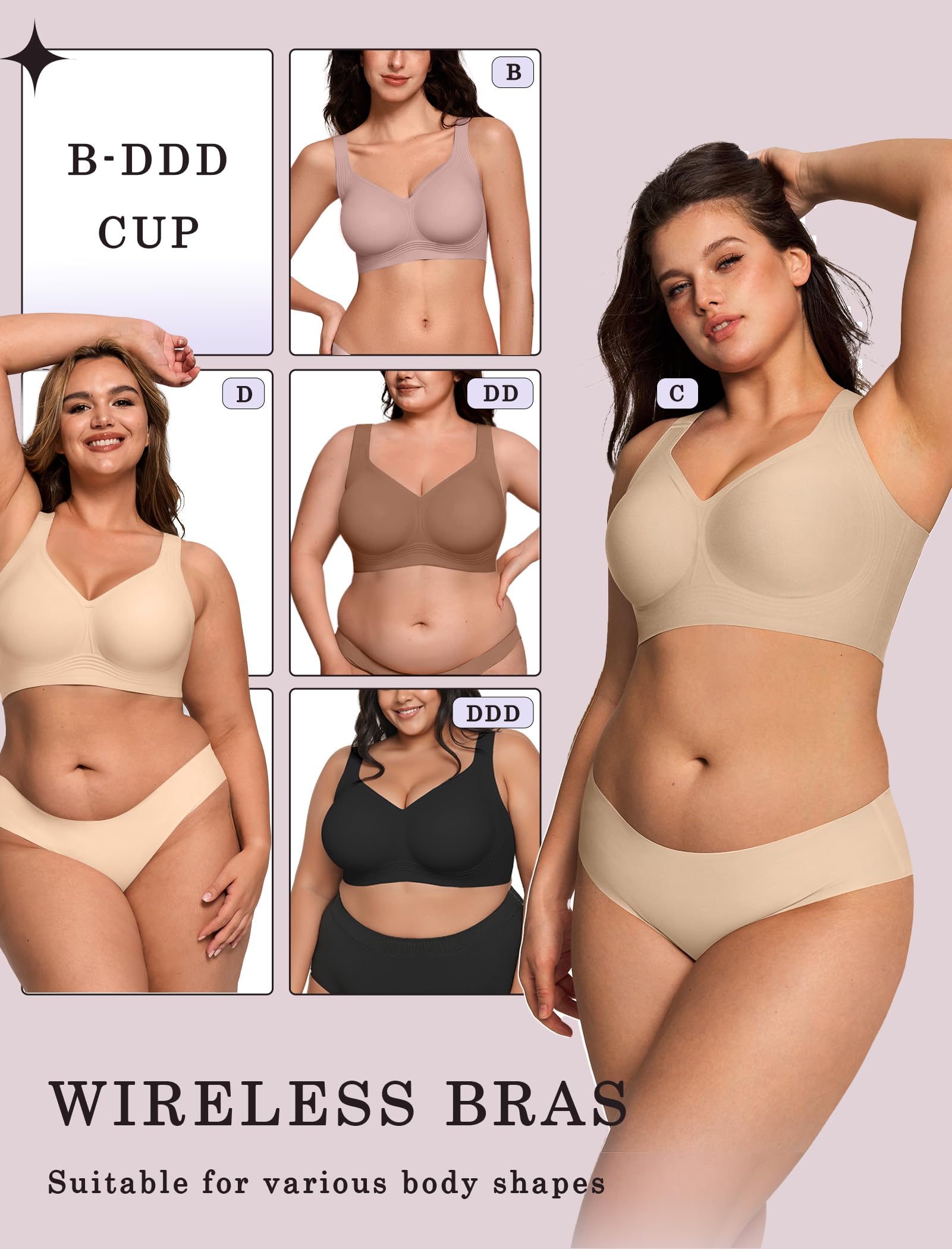 OEAK Womens Wireless Jelly Bra Plus Size Supportive Seamless Bras Full Coverage Push Up Comfortable No Underwire Tshirt Bras Creamy Beige XXL