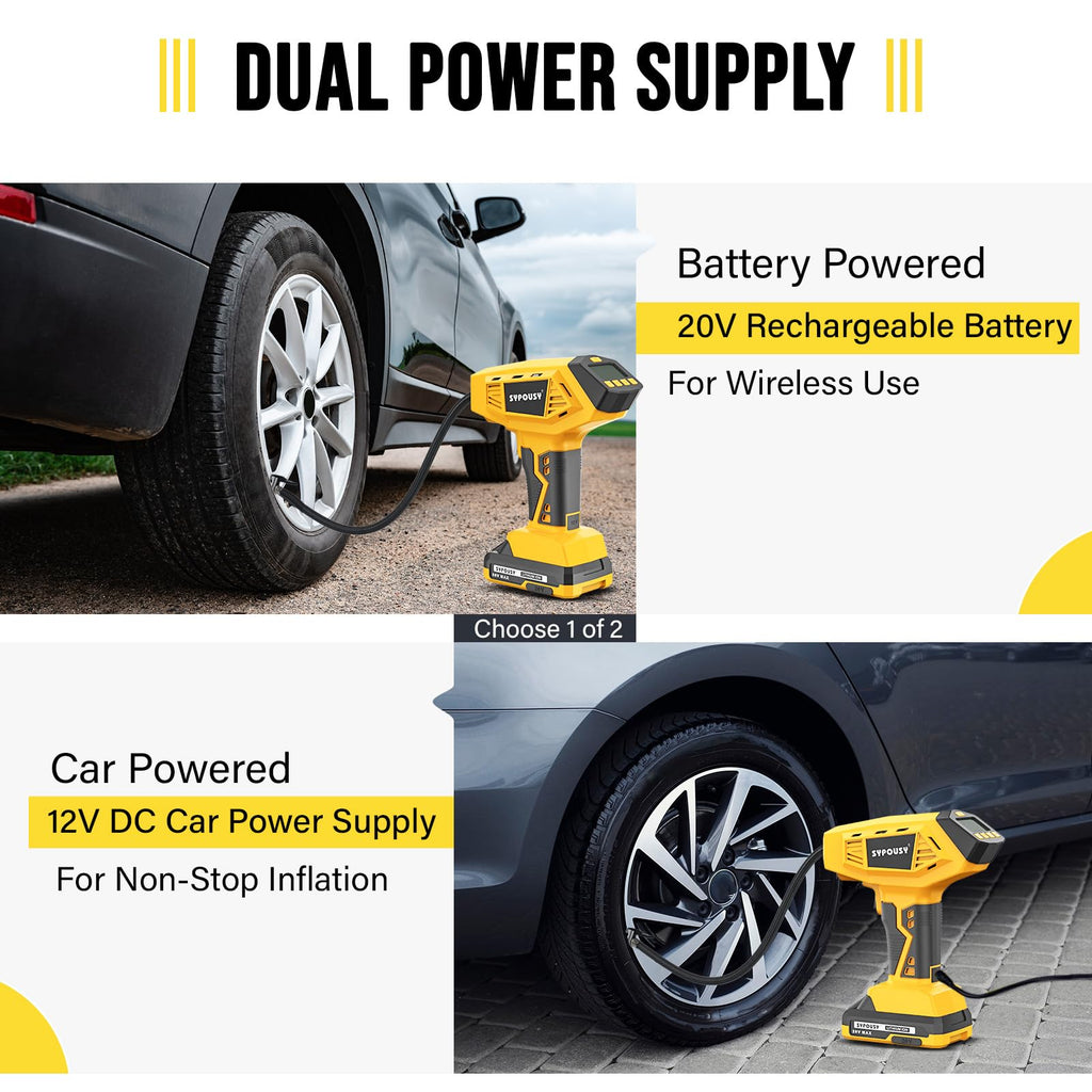 Tire Inflator Portable Air Compressor - 4X Faster Inflation, 160PSI Cordless Tire Pump with Dual Power (20V Battery & 12V DC), Auto Shut Off, Digital Gauge for Car, Motorcycle, E-Bike