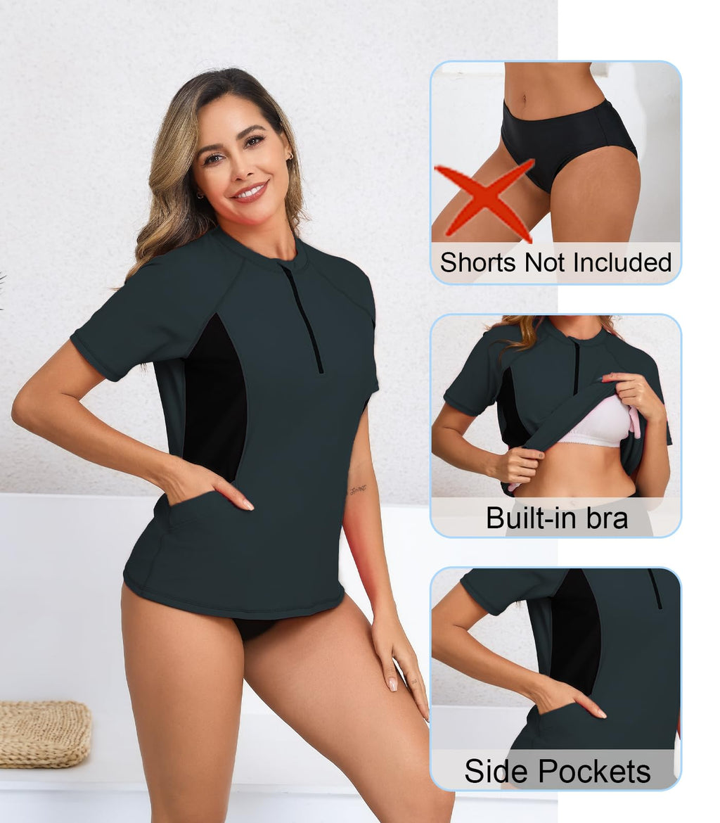 Halcurt Women's Half Zip Short Sleeve Rash Guard Top with Bra Side Pockets Swim Shirts UPF50+ Swimsuit Gray Black S