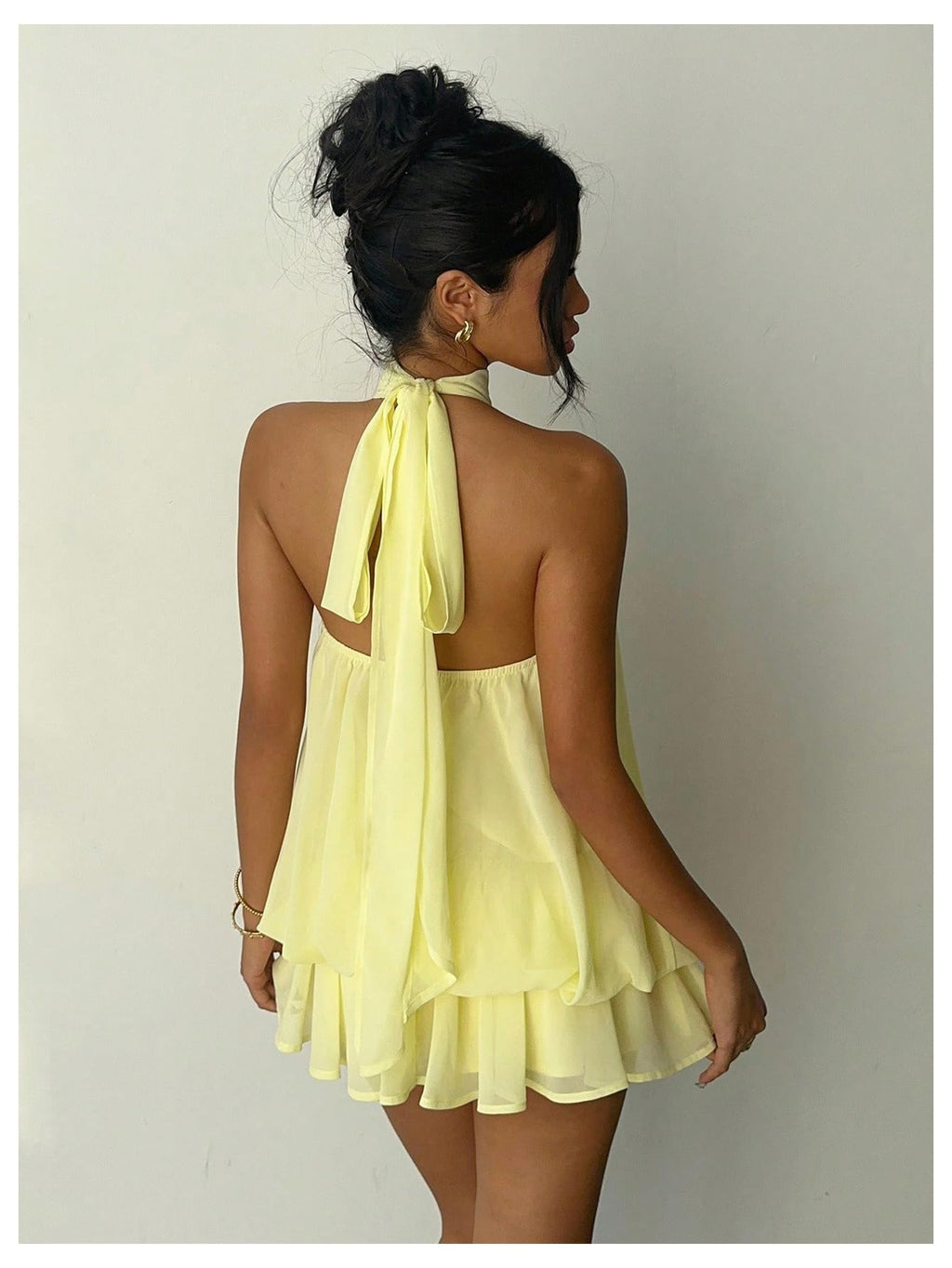Verdusa Women's Chiffon Halter Drop Waist Wedding Guest Dresses Ruffle Summer Mini Dress Brunch Outfits Butter Yellow X-Small