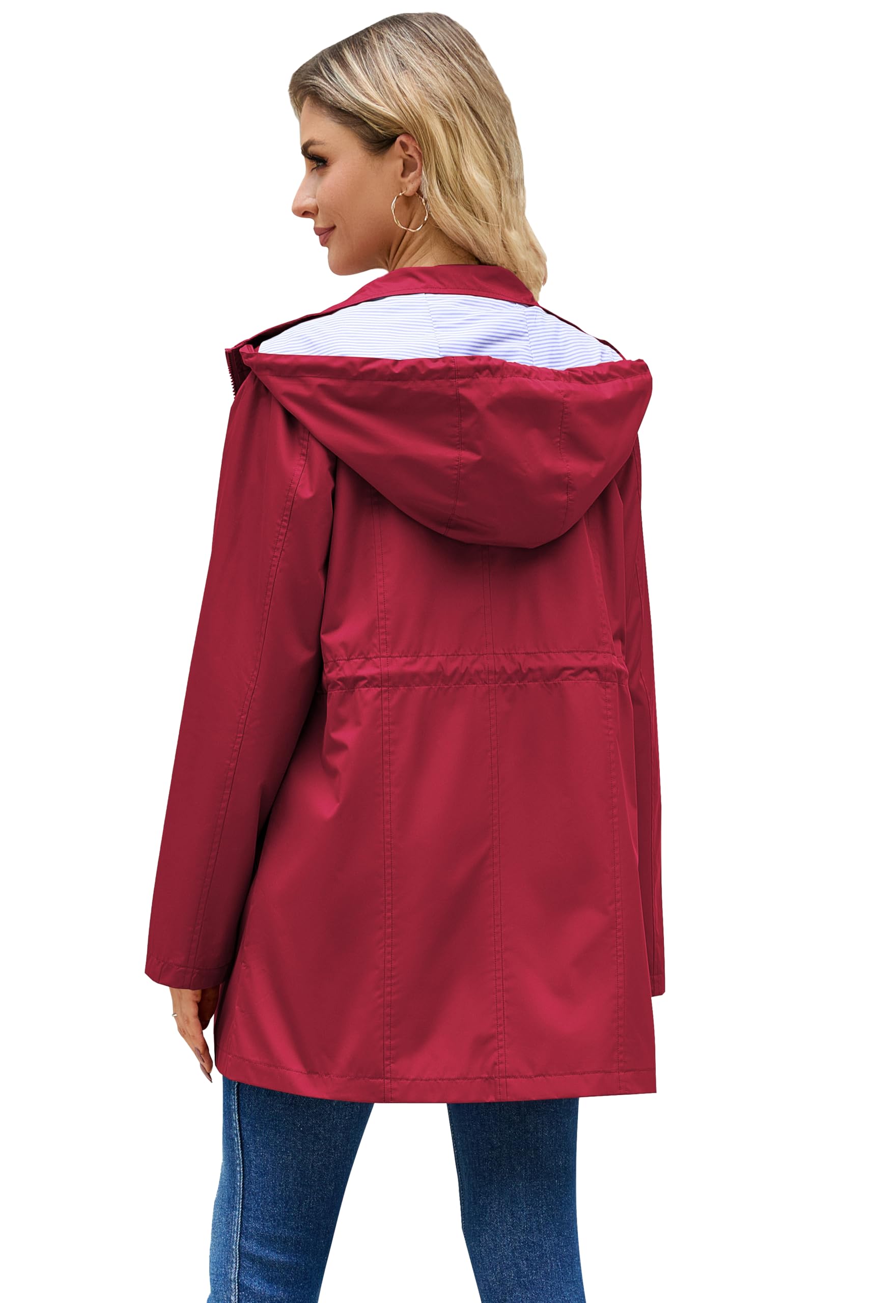 Women Waterproof Hiking Trench Raincoat Light Rain Jacket with Liner S Wine