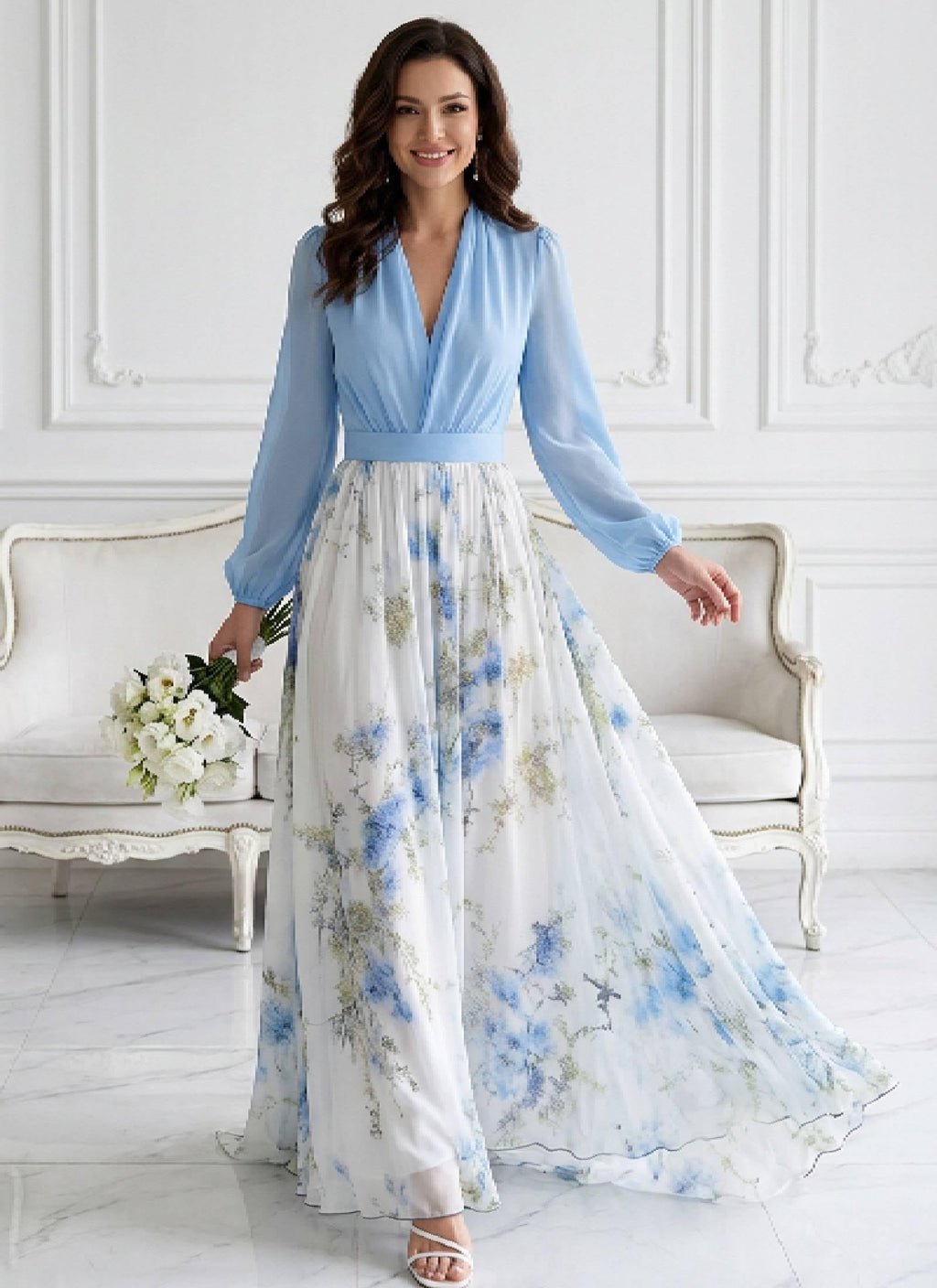 CBZDJX Women's Boho Floral Chiffon Maxi Dresses 2026 Summer Casual Long Sheer Sleeve Deep V Neck A-Line Beach Vacation Dress Blue