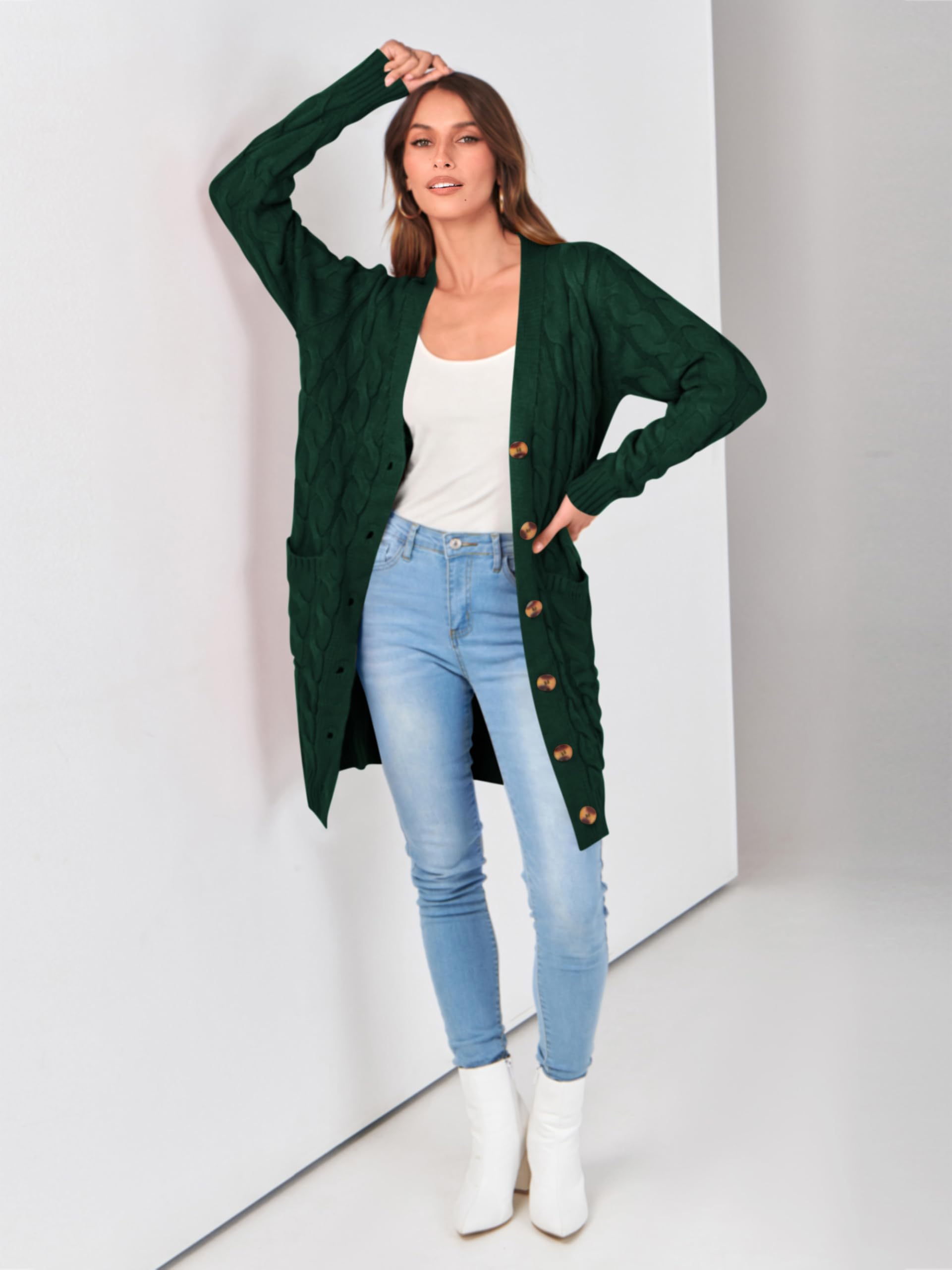 PRETTYGARDEN Long Sleeve Cable Knit Long Cardigan for Women 2026 Spring Winter Chunky Open Front Button Sweaters with Pockets(Dark Green,Small)