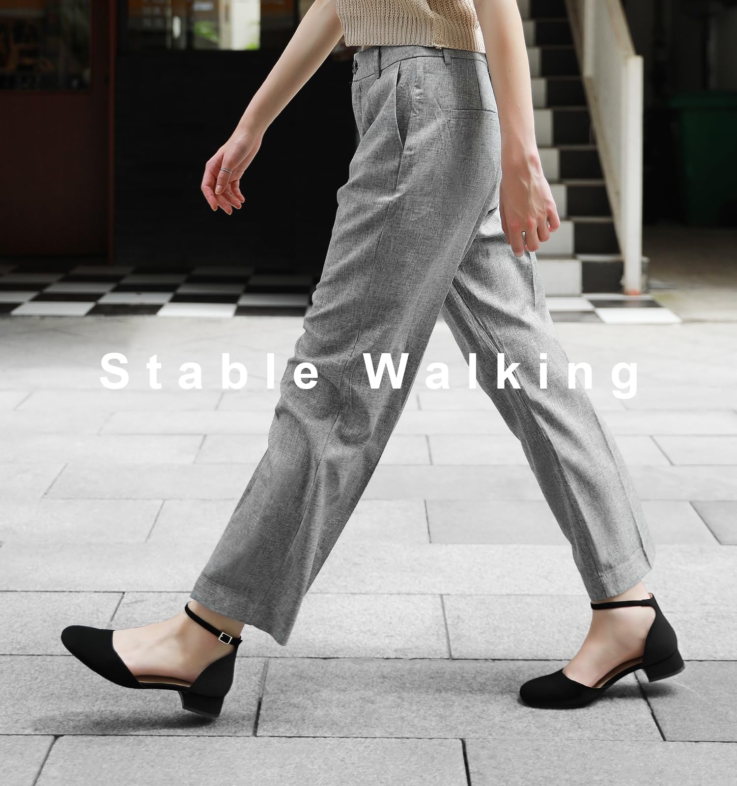 Ankis Black Closed Toe Heels for Women, 1 Inch Women's Flats Low Block Heel Women Dress Shoes Womens Pumps Work Shoes with Ankle Strap for Spring Fall