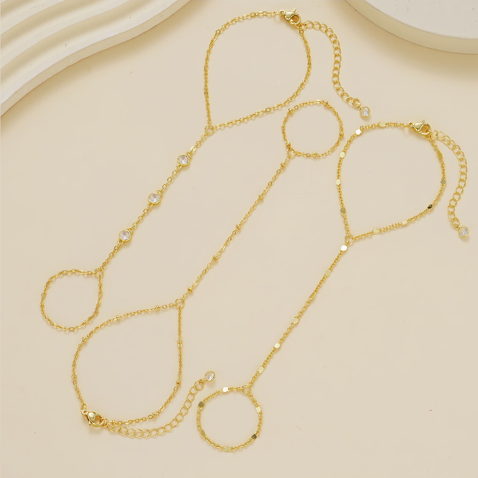 3PCS 14K Gold-Plated Hand Chain Bracelets for Women, Stack Bracelets Set Adjustable, Dainty Ring Bracelet Hand Chain