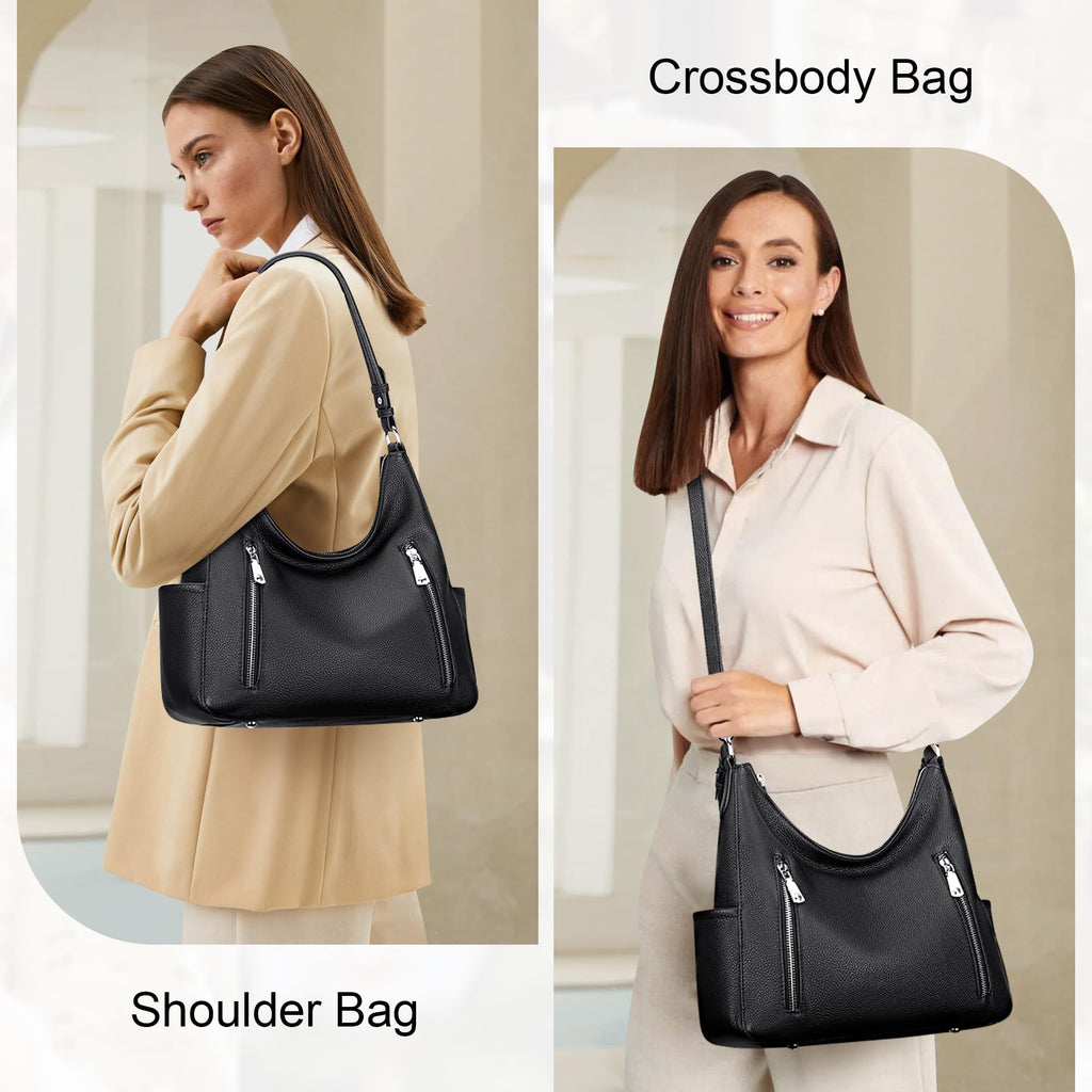 Over Earth Genuine Leather Purses for Women Medium Hobo Bag Lady Crossbody Handbags with 2 Detachable Straps(O150E UG Black)