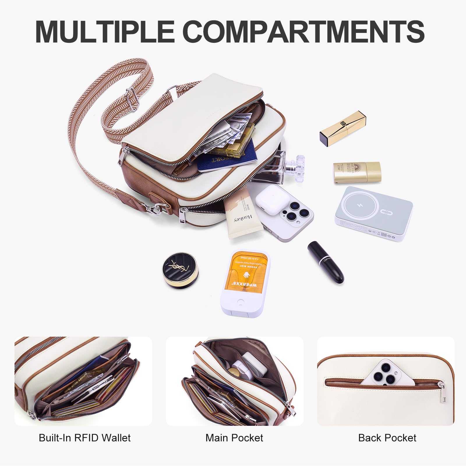 Lexiyat Crossbody Purses for Women Vegan Leather Travel Anti Theft Bags Guitar Strap Shoulder Purse with Built in Wallet Beige