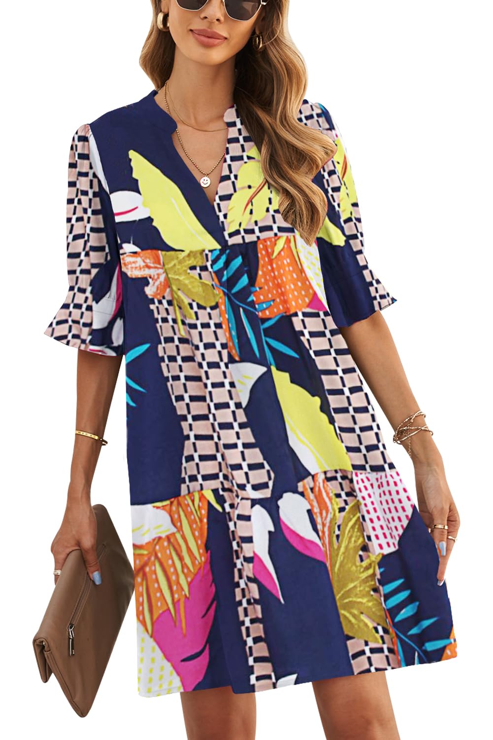 QACOHU 2026 Dress for Womens Summer Tunic V Neck Casual Loose Flowy Swing Shift Dress Geometry L