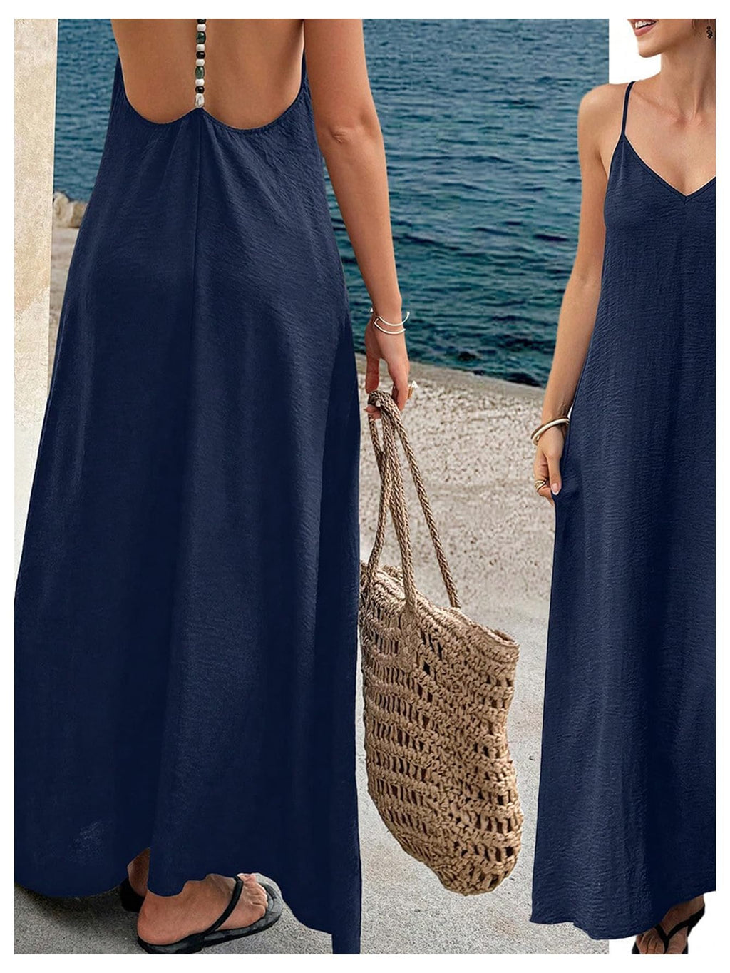 Verdusa Women's Backless Cami Dresses Linen Maxi Dress Sundress Open Back Vacation Beach Summer Outfits Dark Blue Small