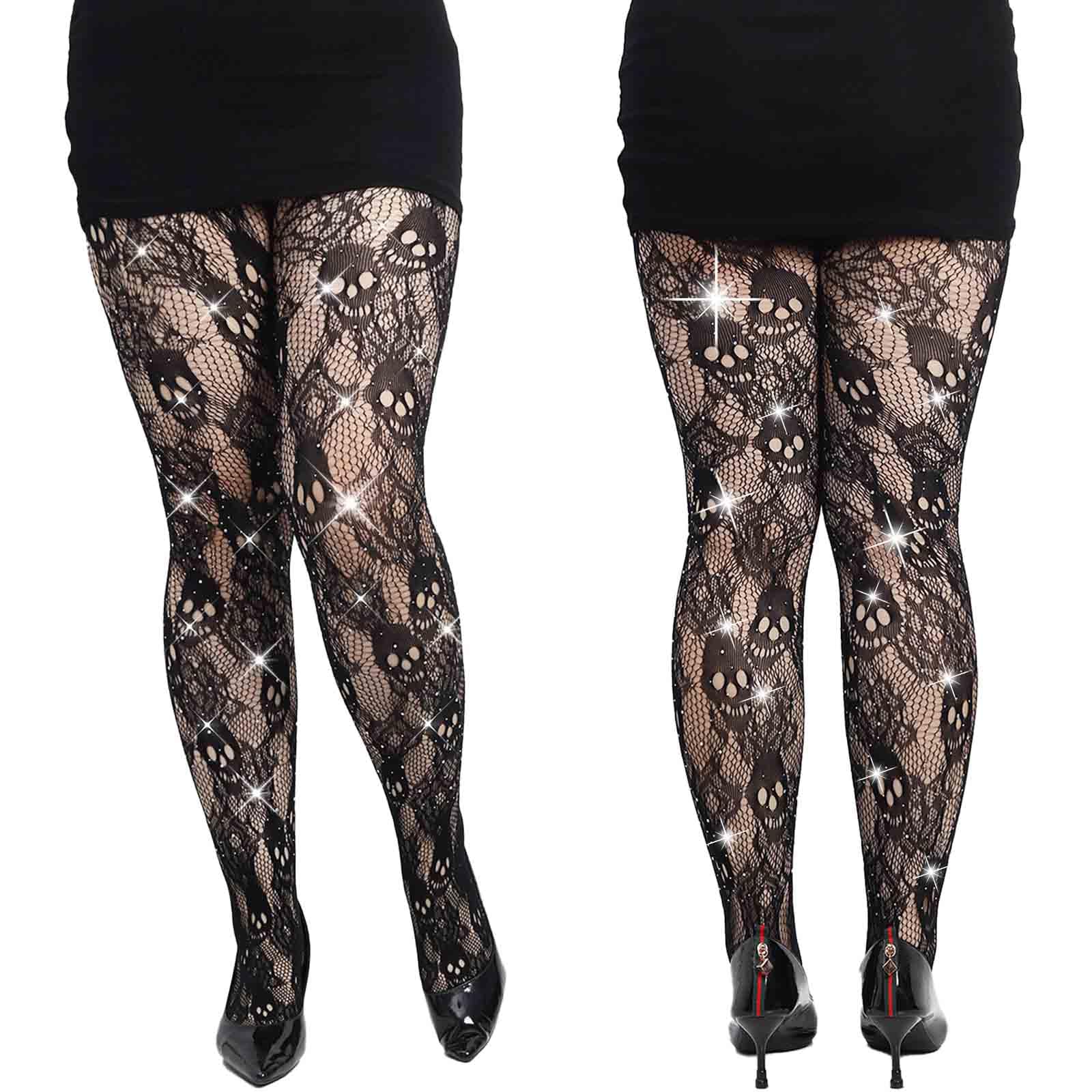 Olbye Black Fishnet Stockings Skull Tights Rhinestone Spiderweb Thigh High Waist Leggings Halloween Goth Tights for Women (US, Alpha, One Size, Regular, Regular, Skull B)