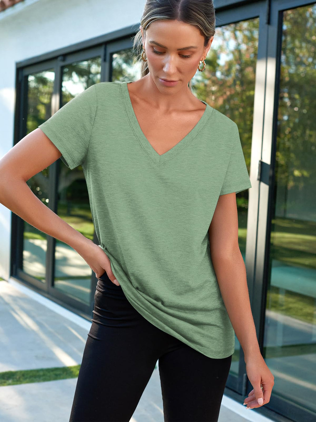 AUTOMET Womens Summer Tops School Outfits Short Sleeve Casual V Neck T Shirts Tees Tunic Fashion Trendy Comfy Clothes 2026 Green M