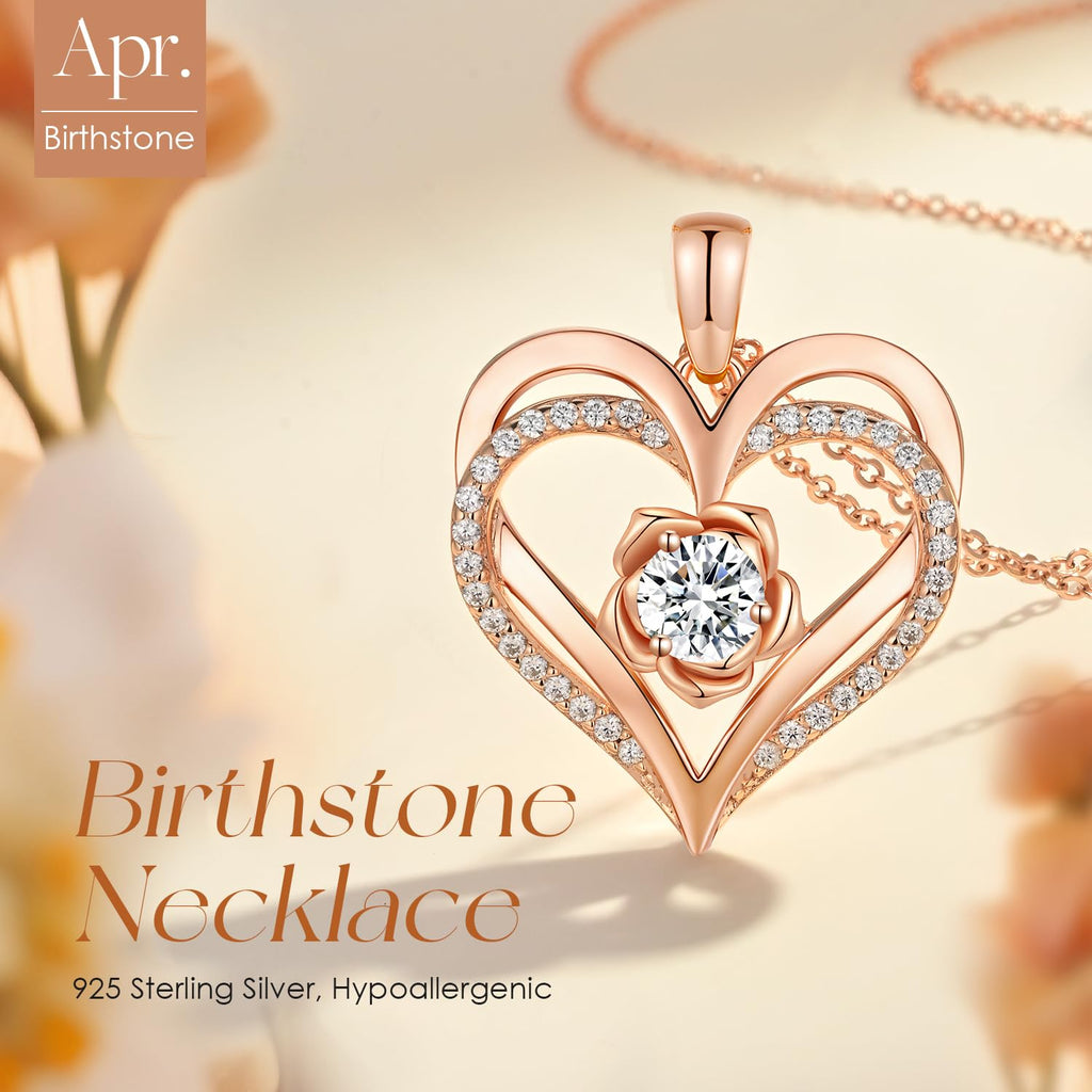 CDE Valentines Day Gifts for Women S925 Silver Rose Gold Heart Birthstone Necklaces for Women，Ideal Anniversary or Birthday Jewelry Gifts for Wife Girlfriend Her