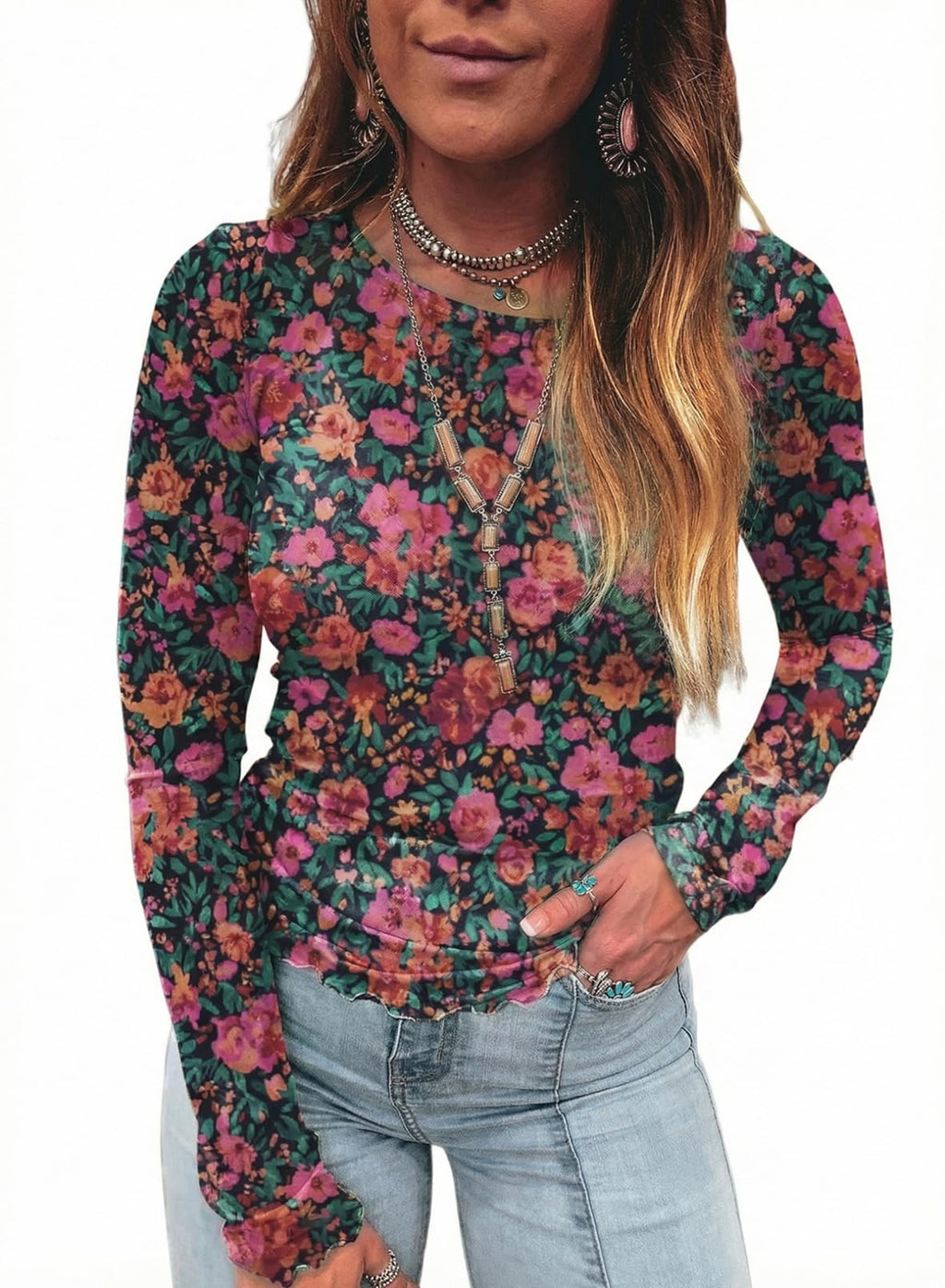 Acelitt Womens Fashion 2026 Fall Floral Mesh Shirt Crew Neck Fall Long Sleeve T Shirts Sexy Sheer Mesh Blouse Top Tee T Shirts Red Large