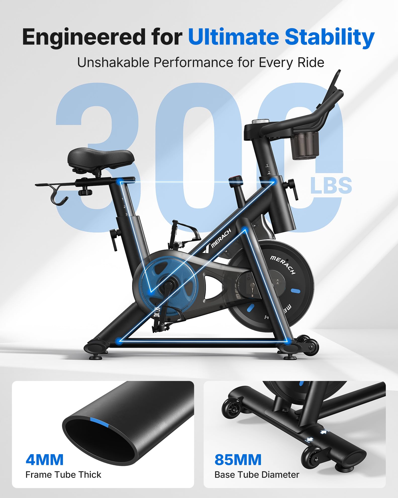 Merach Exercise Bike, Brake Pad/Magnetic Stationary Bike with Exclusive App, Low Noise Indoor Cycling Bike with 270LBS Weight Capacity, Dumbbell Rack and Fitness Courses for Weight Loss