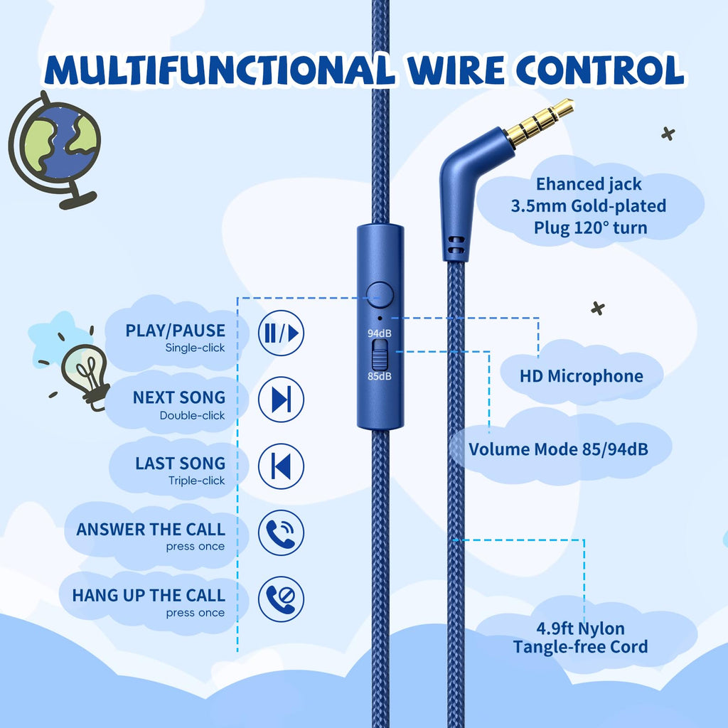 Kids Headphones Wired for School, 85/94dB Volume Limit, Wired Over Ear Headphones for Kids Boys Girls with Microphone, Stereo Sound 3.5mm Cord for Kindle Tablet Airplane Travel, Navy Blue
