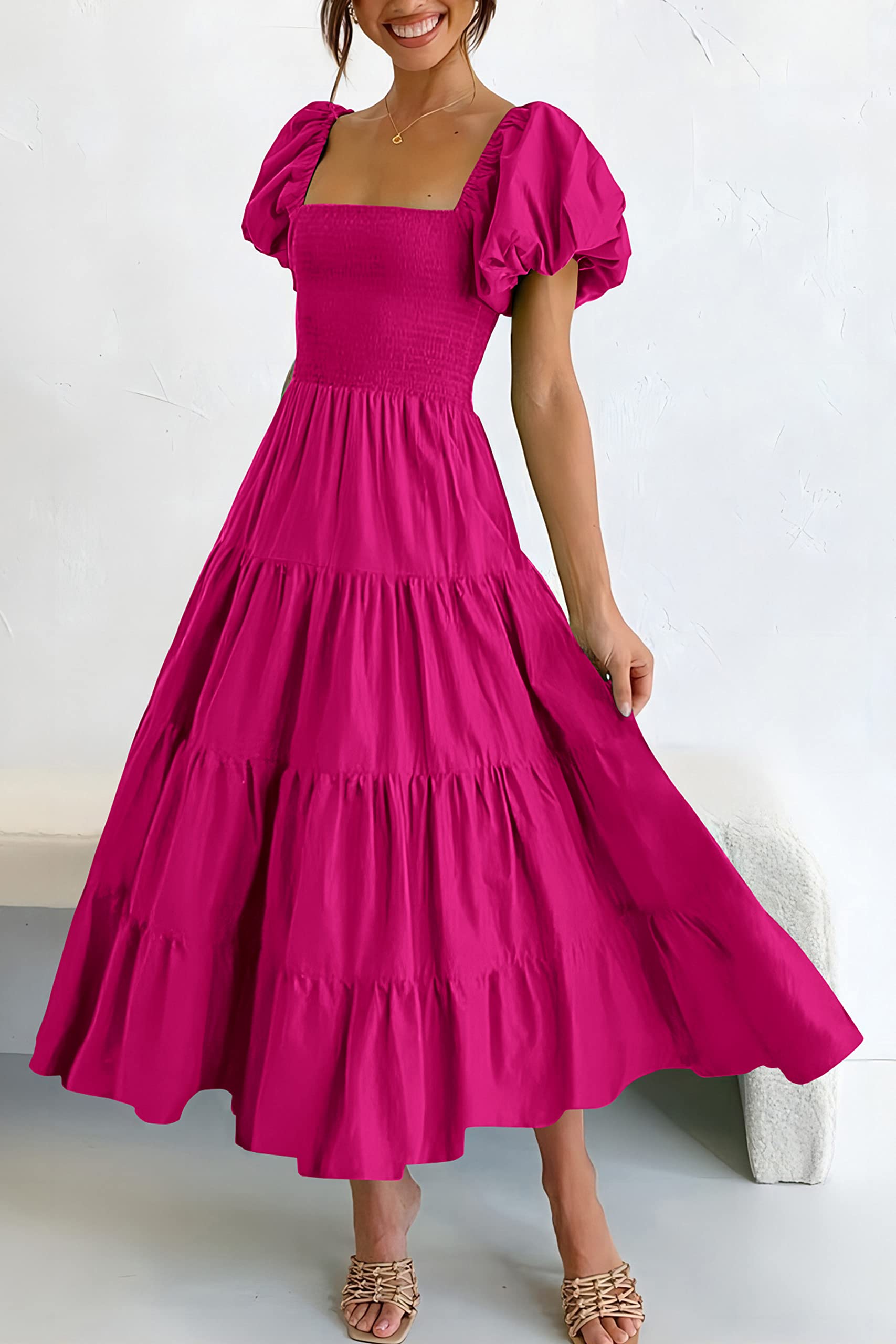 PRETTYGARDEN Women's Casual Summer Midi Dress Puffy Short Sleeve Square Neck Smocked Tiered Ruffle Dresses, Lightweight (Dark Rose Red,Small)