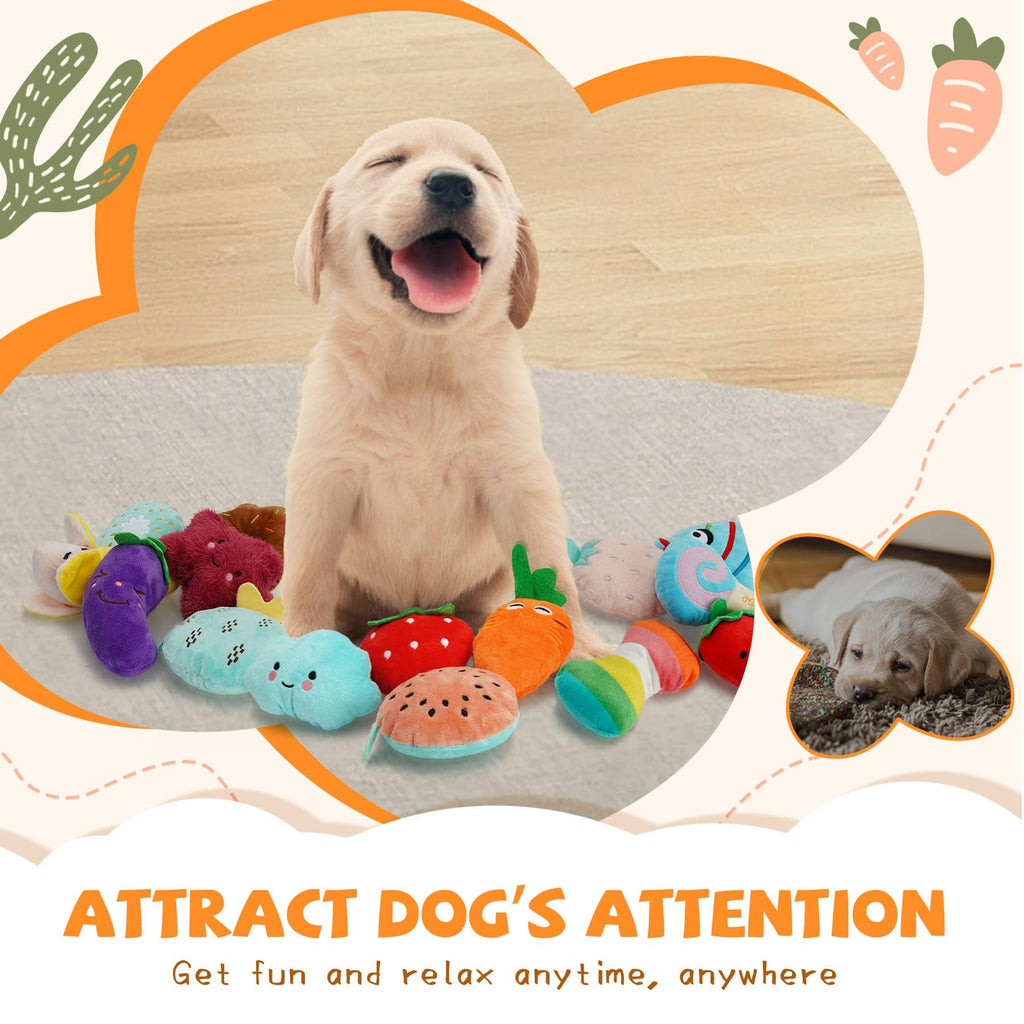QTwoof Cheerful 20-Pack Squeaky Dog Toys Set - Included 4 Dog Bags, Plush Puppy Toys with Irresistibly Cute Characters for Small Dogs, Interactive Dog Squeak Toys for Fun&Teeth Cleaning