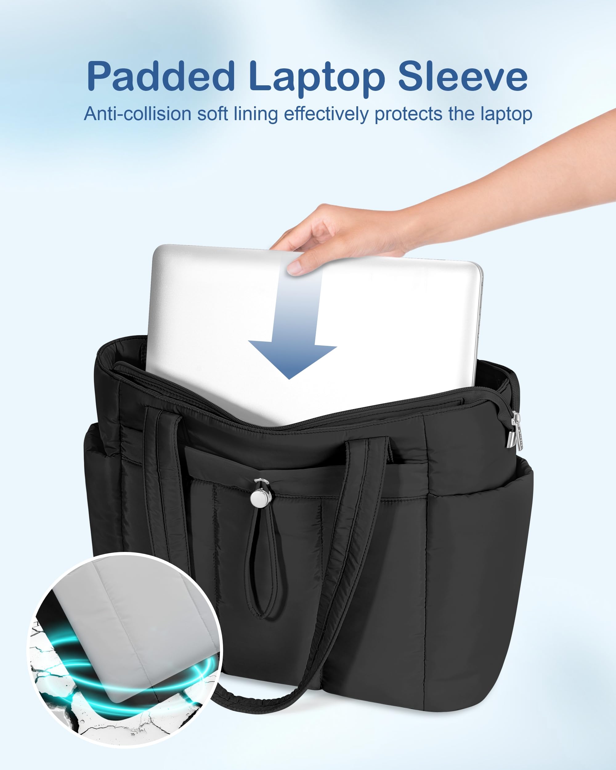 TOPDesign Puffy Tote Bag for Women with Cup Holder & Laptop Compartment & Cosmetic Bag & Trolley Sleeve for Work, Travel (M Black)