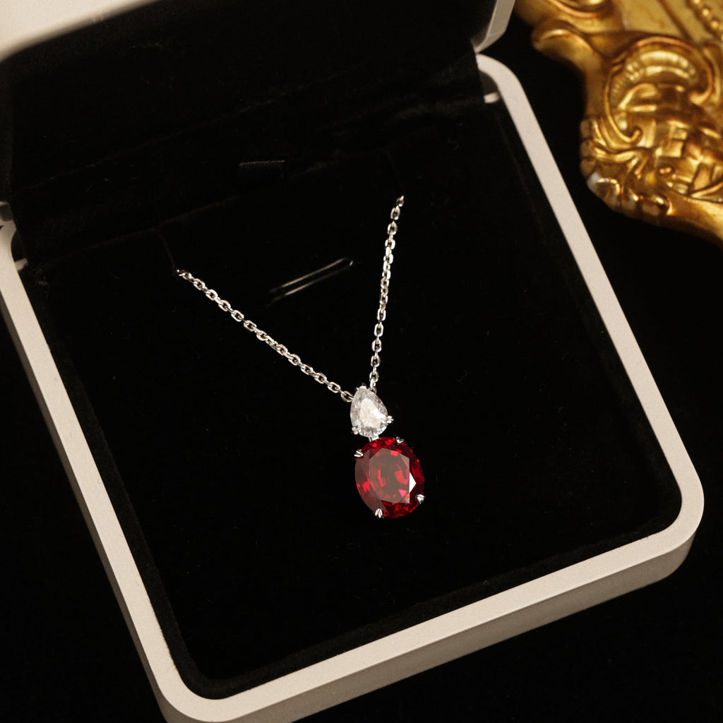 StiloVero Ruby Necklace for Women – 4.8ct Lab-Grown Ruby & Moissanite Pendant, 18K White Gold Plated 925 Sterling Silver, Elegant Red Gemstone Jewelry Gift