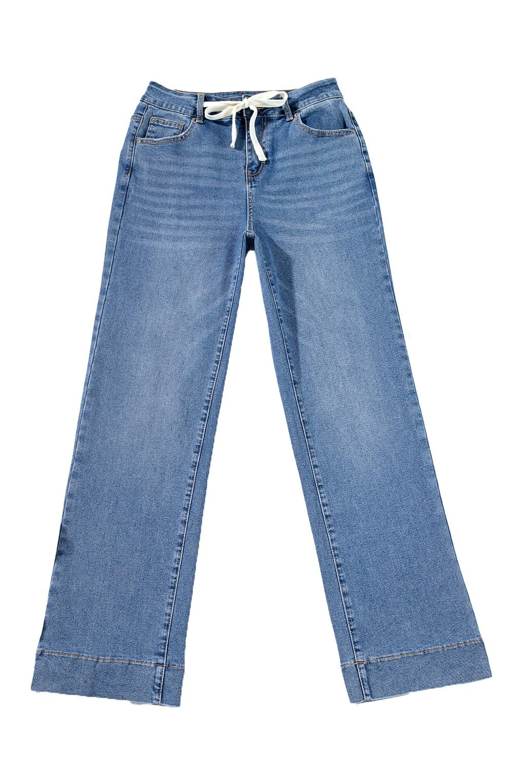 Sidefeel Women's Wide Leg Jeans High Waisted Stretchy Straight Baggy Drawstring Denim Pants Light Blue Size 12