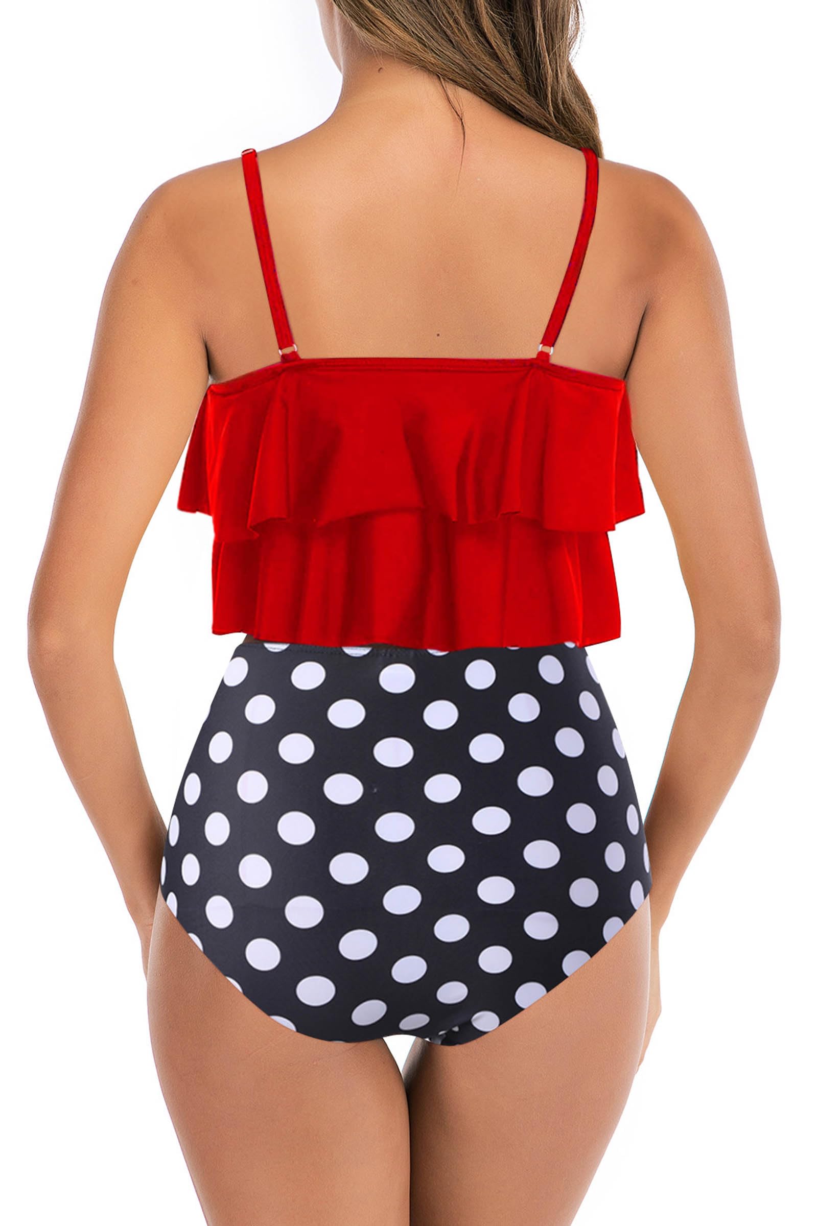 Womens High Waisted Bathing Suits Flounce Halter Tank Top Bikini Bottoms Tummy Control Modest Swimwear Two Piece Swimsuits Tankini Red Polka L