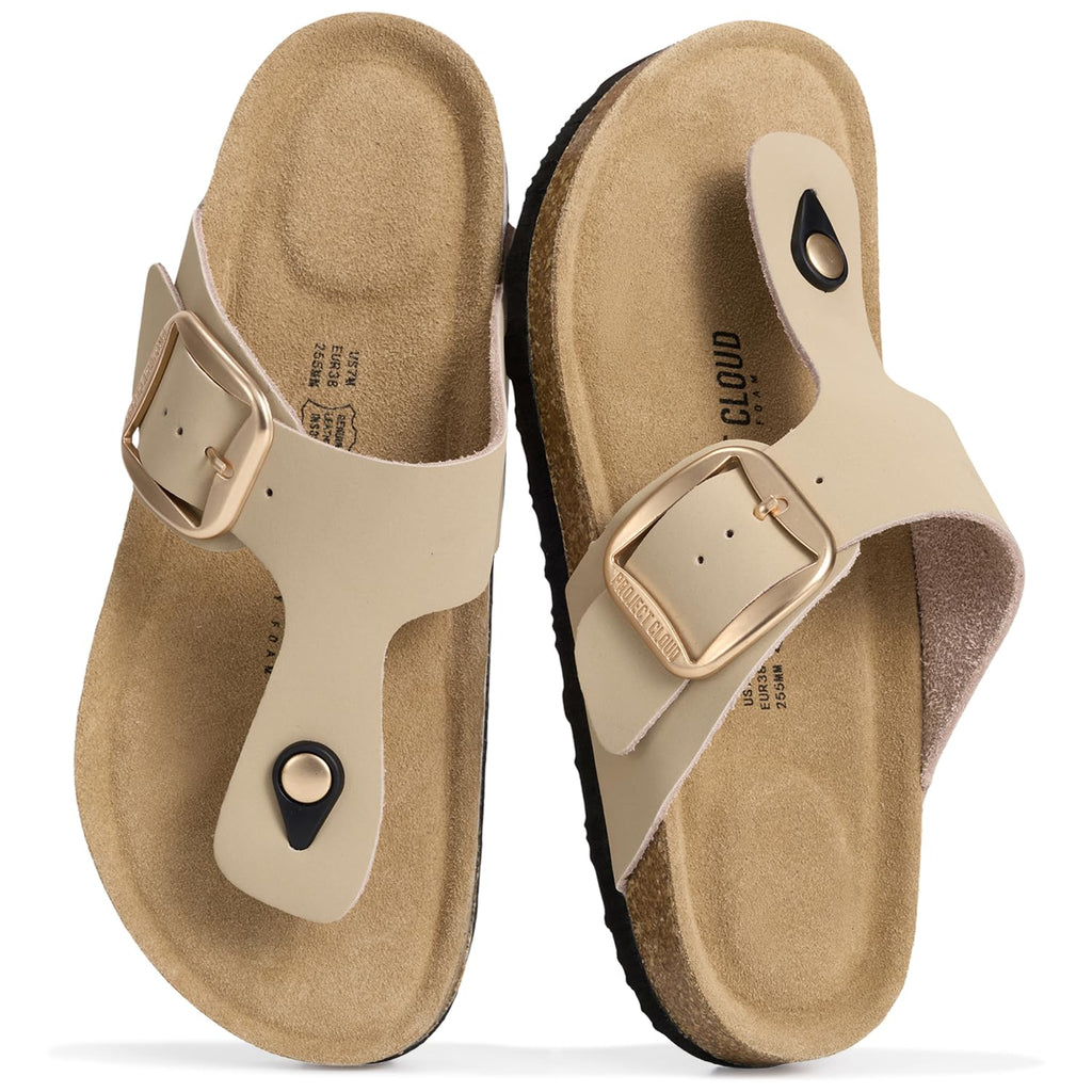 Project Cloud Genuine Leather Thong Sandals Women Water-Resistant Beach Essentials Womens Sandals - Flip Flops for Women Footwear Memory Foam Insole Womens Slides (MALAGA,BEIGLEA,7)