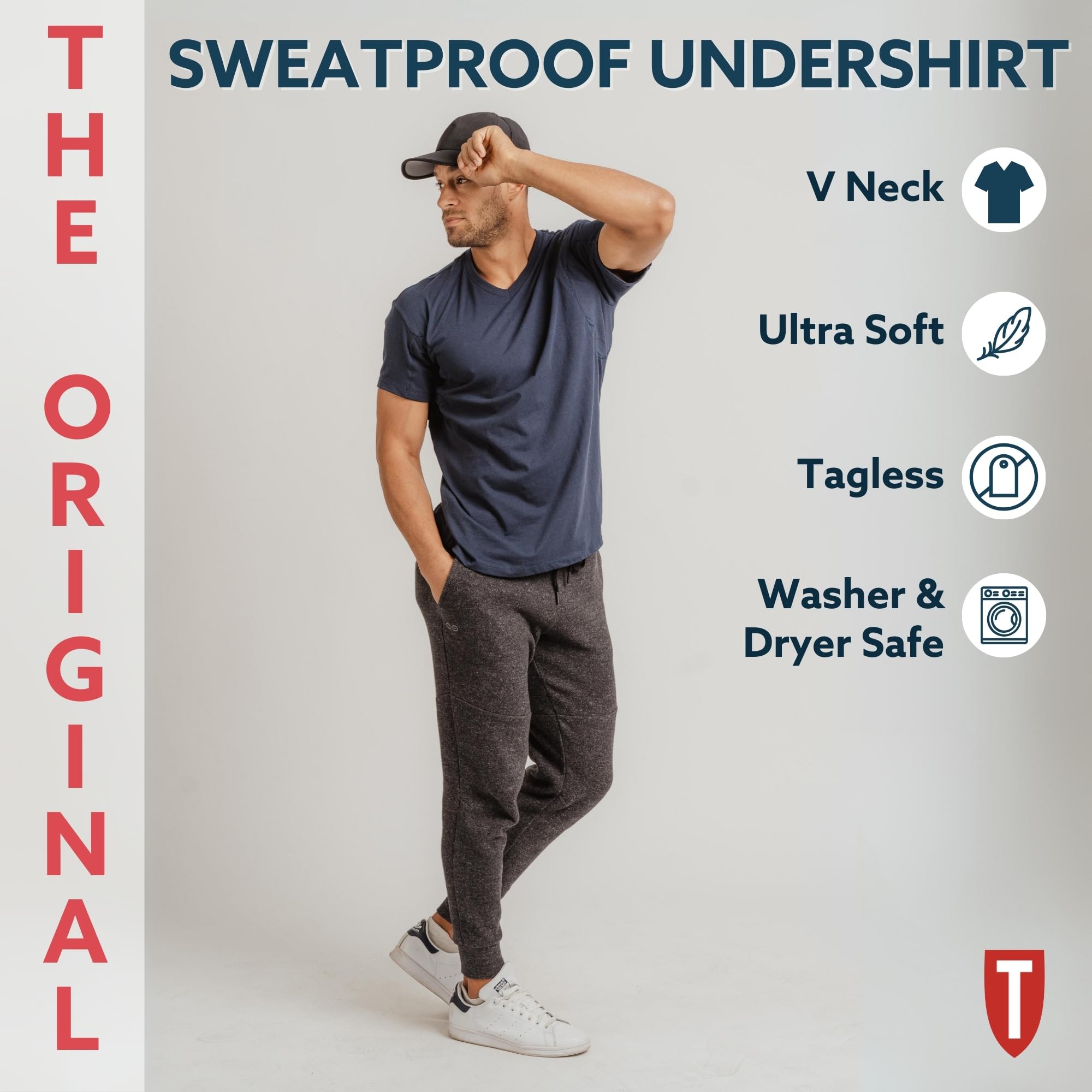 Men's Sweatproof Undershirt - Cotton V Neck T-Shirt with Underarm Sweat Pads - Original Fit - Aluminum-Free Alternative - Heather Grey - Medium