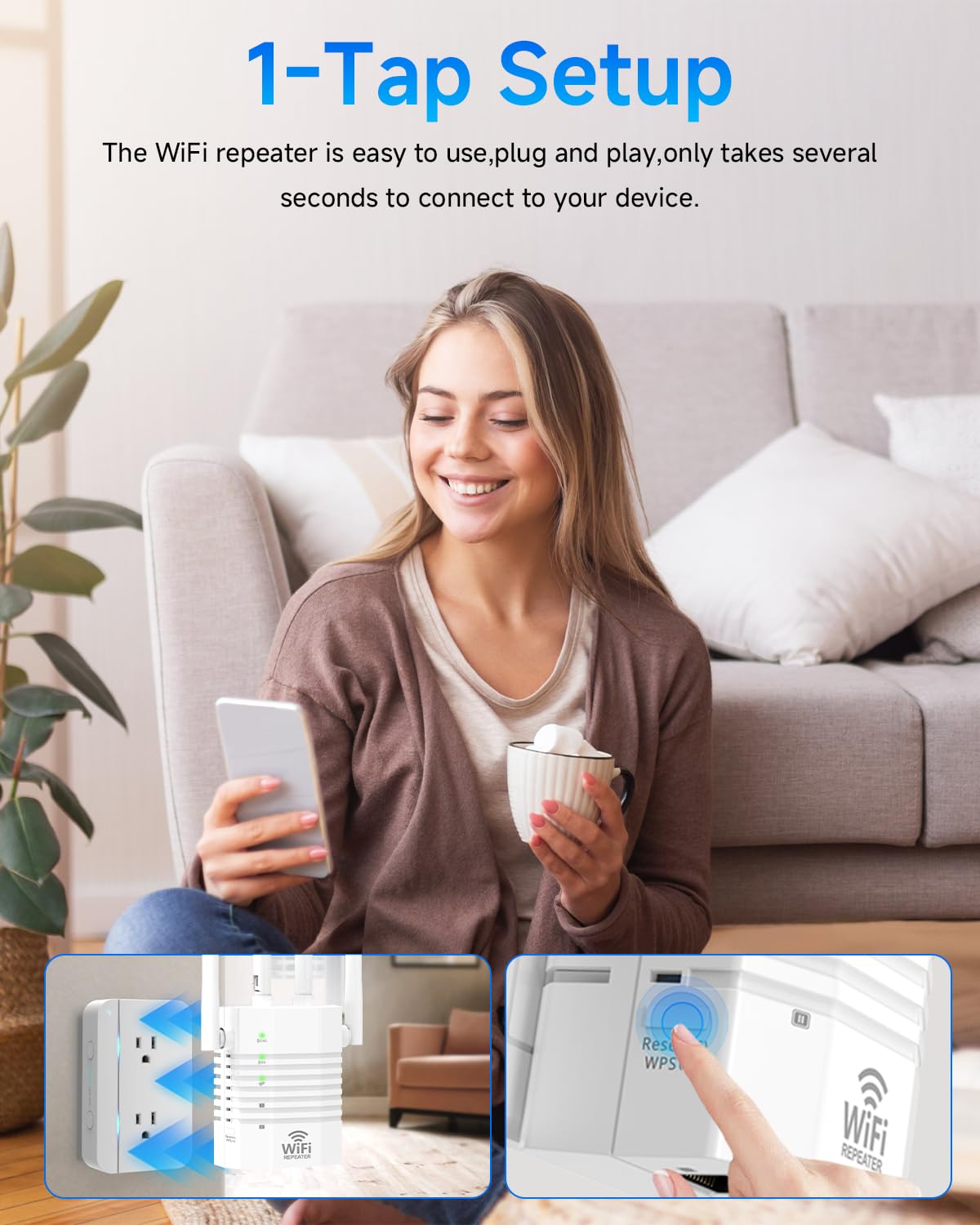 WiFi Extender Supports 105 Devices, 1.2Gbps Home Signal Booster,WiFi Extender Signal Booster with Dual Band 5GHz/2.4GHz, WiFi Booster Up to 12880 Sq.ft, EasyMesh Compatible, One Ethernet Port