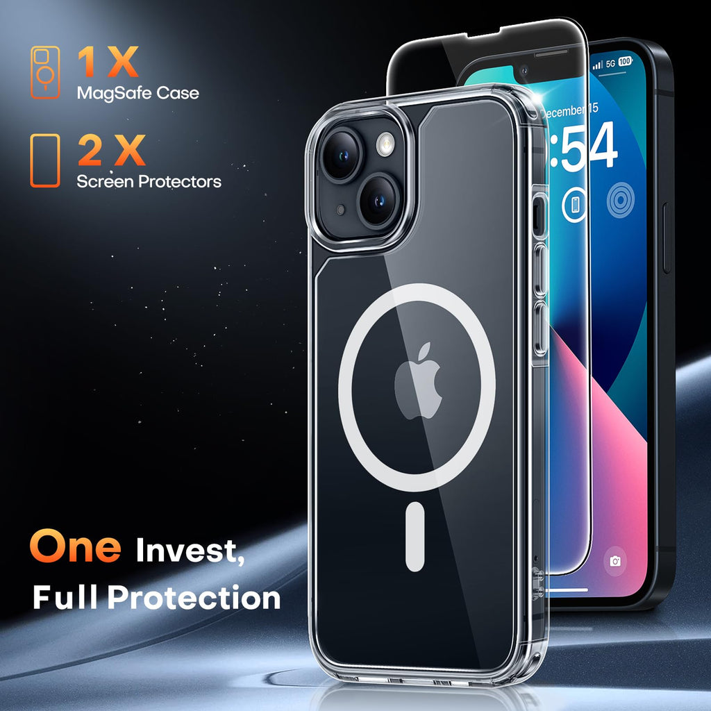 TAURI 3 in 1 Magnetic for iPhone 13 Case, [Compatible with MagSafe] [with 2X Screen Protectors] Not-Yellowing, Military-Grade Protection Slim Phone Case for 13 Cover, Clear, 6.1"