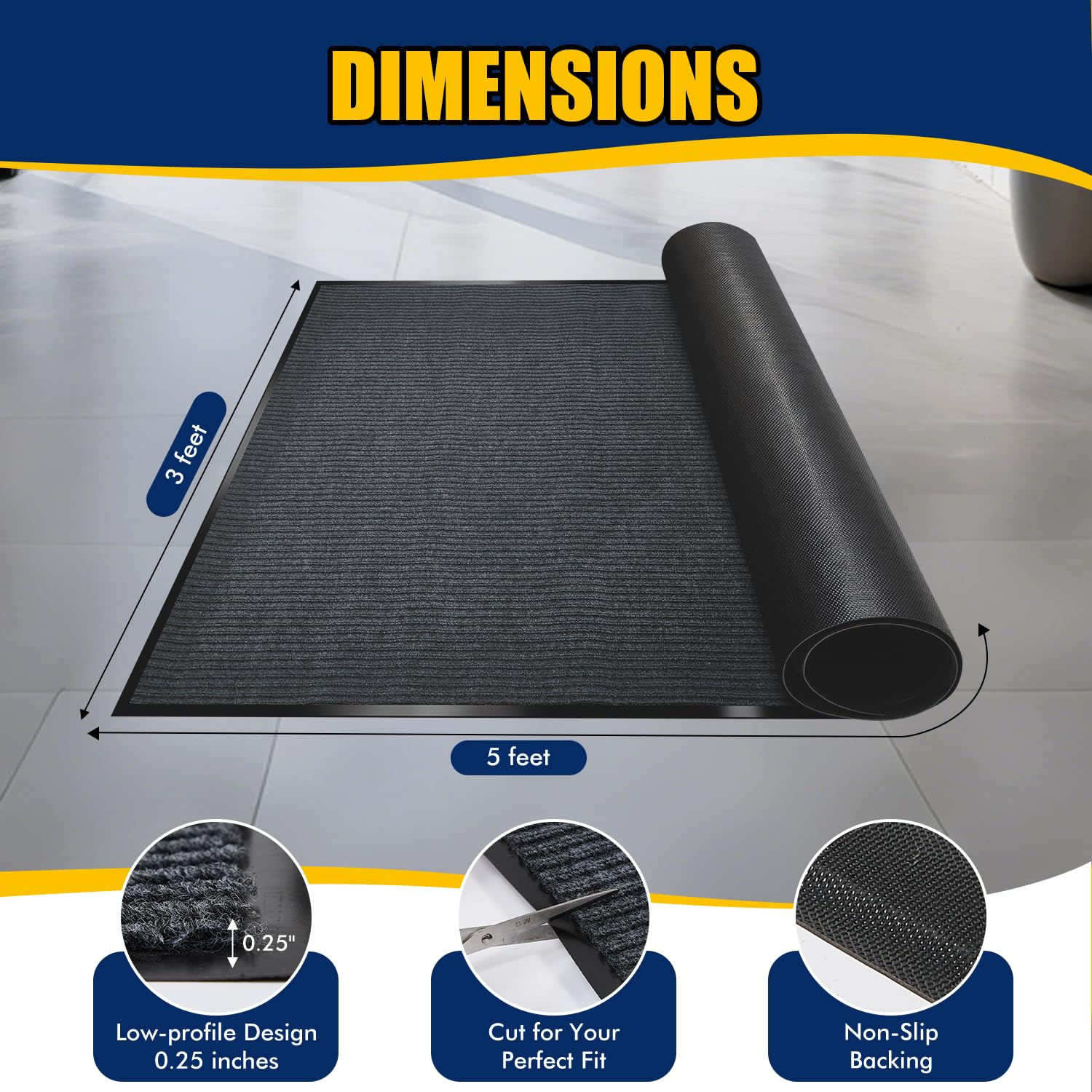 Entrance Mat for Home or Office - 3 x 5 Feet, Carpeted Indoor/Outdoor Entry Mat - Absorbent, Slip Resistant, Heavy Duty, Low-Profile, Easy to Clean, Rubber Entry Mat - Charcoal