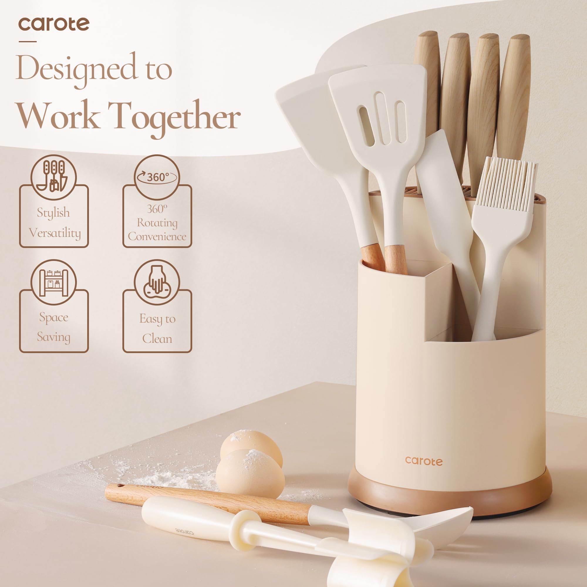 CAROTE 13Pcs Kitchen Utensils Set with 360 Rotating Knife Block, Heat Resistant Cooking Utensils with Wooden Handle, Nonstick Ceramic Surface, Cream White