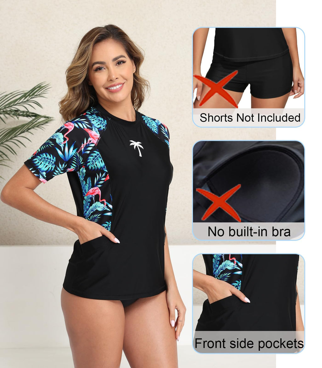 Halcurt Women's Short Sleeve Rash Guard Swimsuit Top with Pocket Swim Shirt Only UPF50+ Quick Dry Bathing Suit Flamingos M