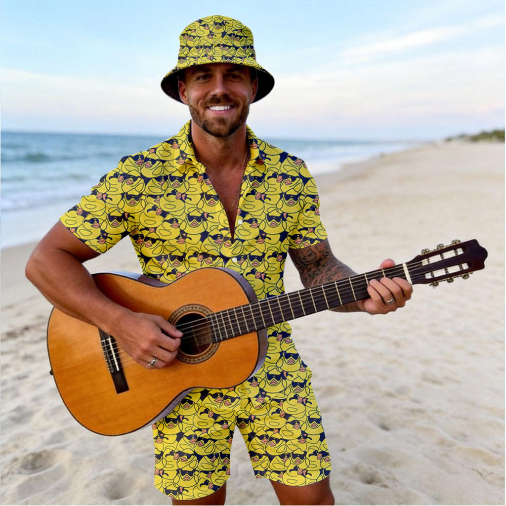 Wdpsuxin Mens Sunglasses Rubber Duck 2 Piece Short Set Hawaiian Button Down Shirt And Compression Liner 2 In 1 Shorts Sets With Bucket Hats Large