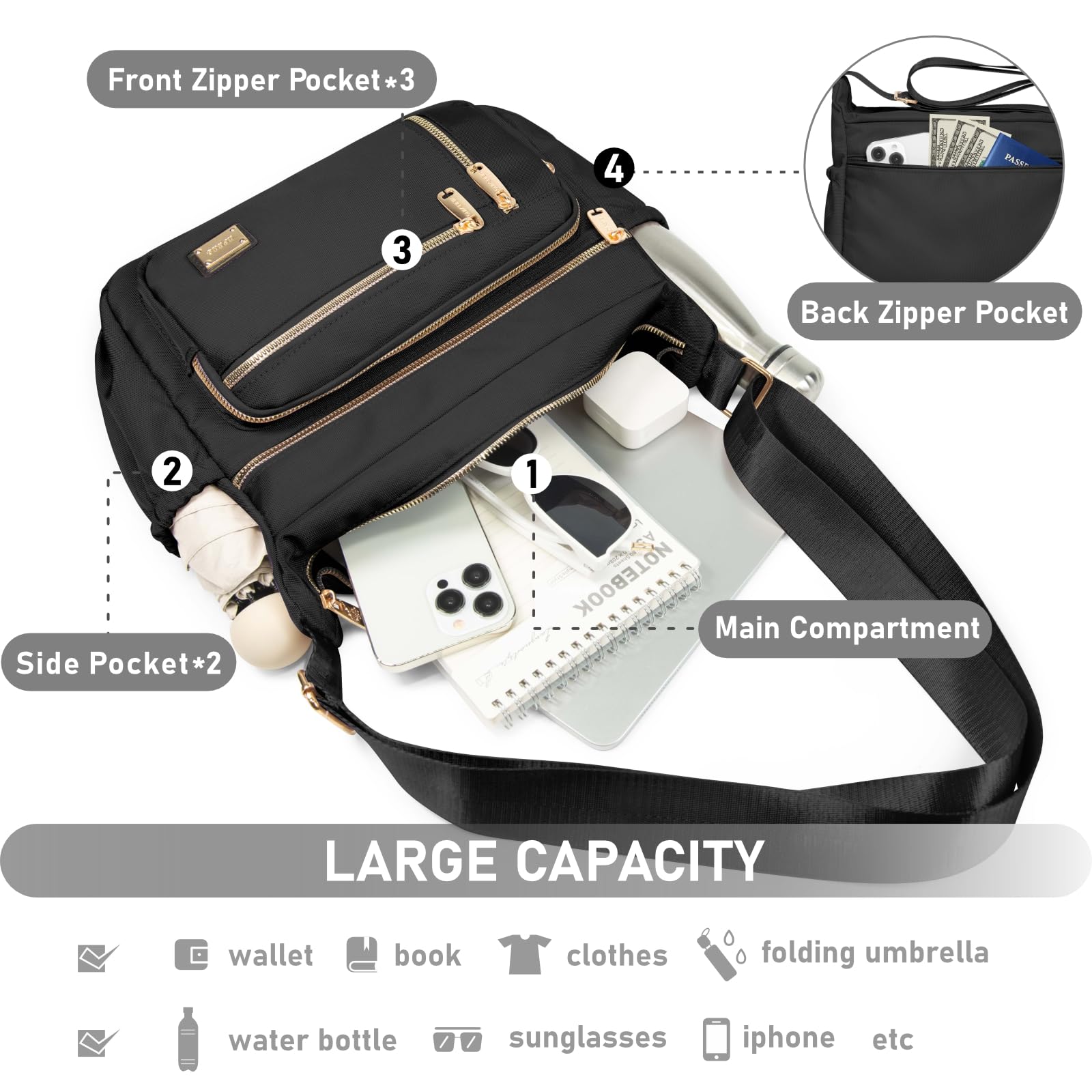 NPBAG Crossbody Bag for Women, Nylon Shoulder Purse Handbag Messenger Bag, Trendy Pocketbooks, Waterproof and Multi-Pockets (Black)