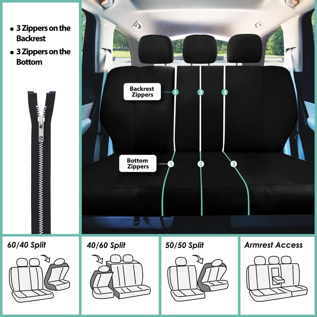 FH Group Full Set Cloth Car Seat Covers, Universal Fit Front and Split Bench Rear, Airbag Compatible, Washable for SUV, Sedan, Van - Black