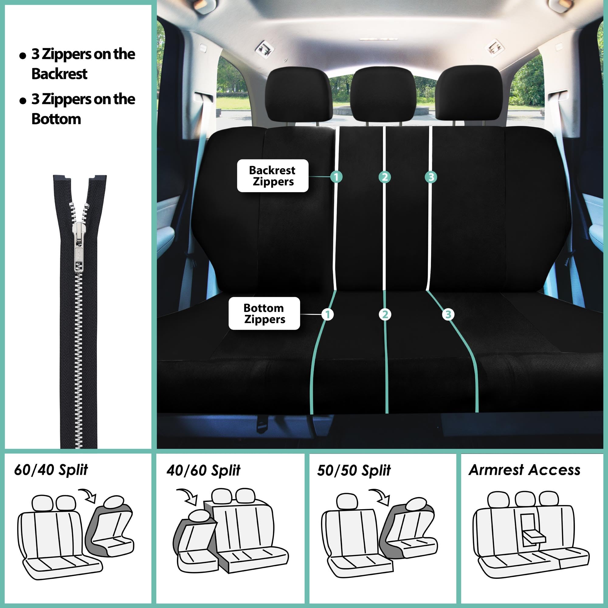 FH Group Full Set Cloth Car Seat Covers, Universal Fit Front and Split Bench Rear, Airbag Compatible, Washable for SUV, Sedan, Van - Black